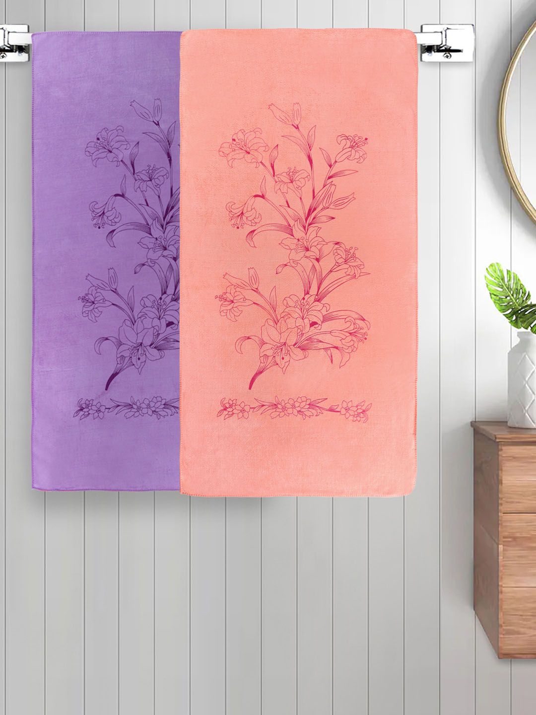 FABINALIV Kids 2 Pcs Purple & Peach-Coloured Floral 300 GSM Cotton Bath Towels