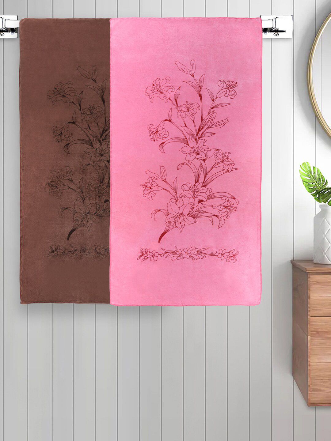 FABINALIV Pink & Brown 2 Pieces Printed Cotton 300 GSM Kids Bath Towels