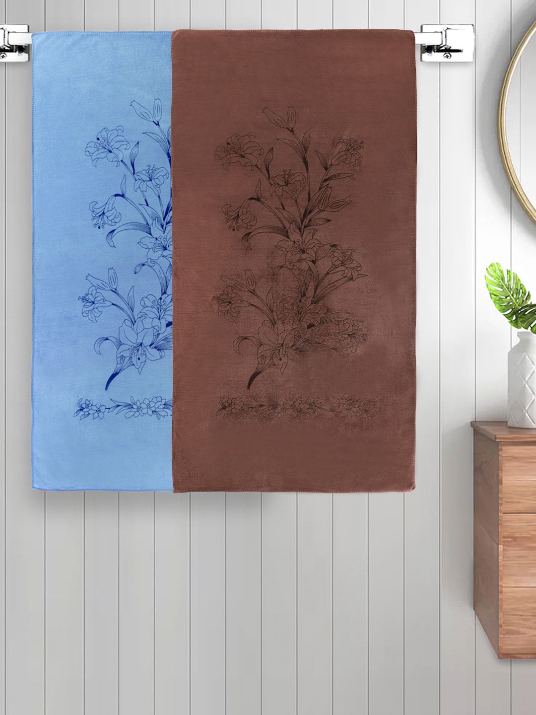 FABINALIV Blue & Brown 2 Pieces Printed Cotton 300 GSM Kids Bath Towels