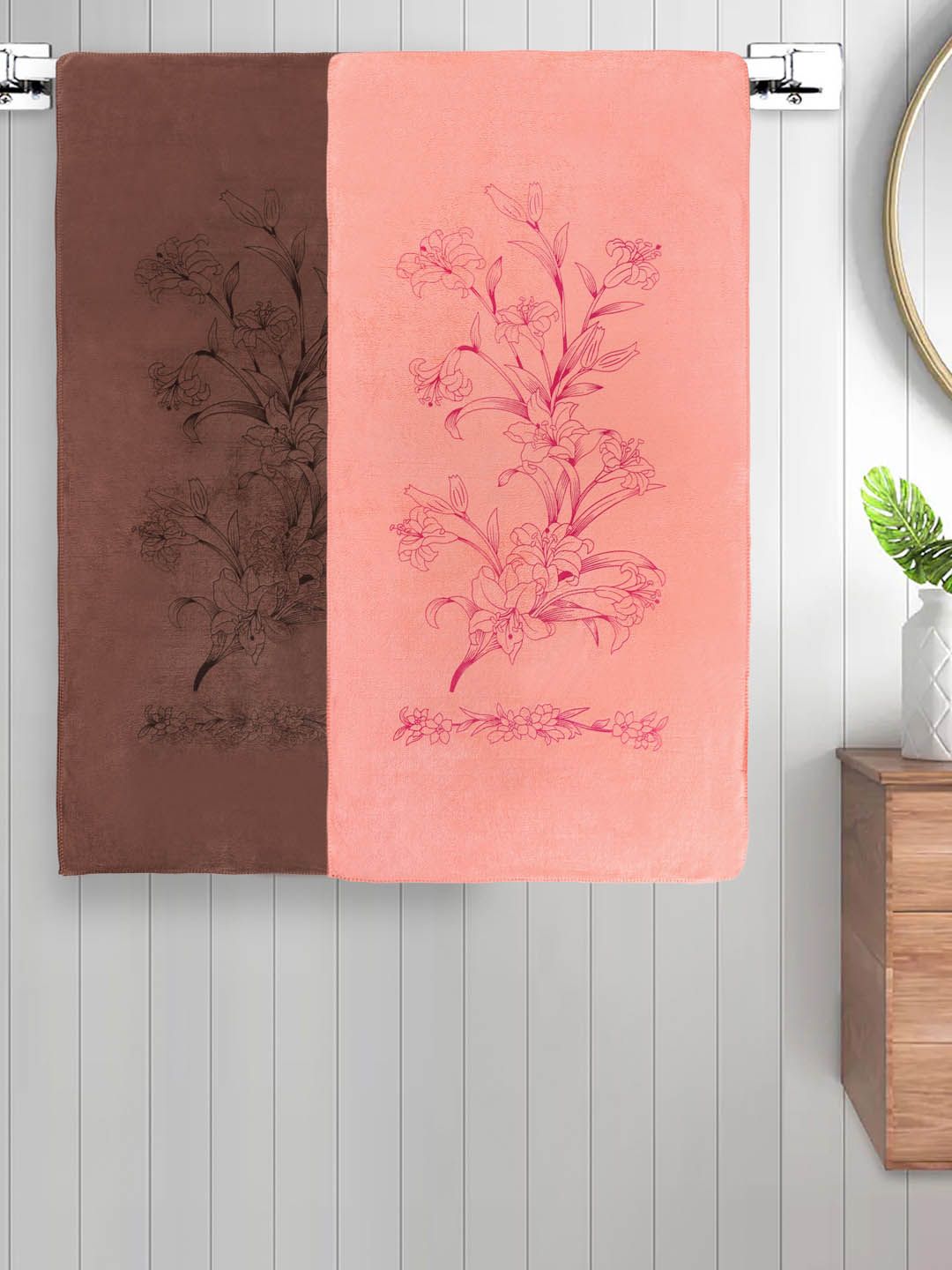 FABINALIV 2 Pieces Brown & Peach Floral Cotton 300 GSM Kids Bath Towels