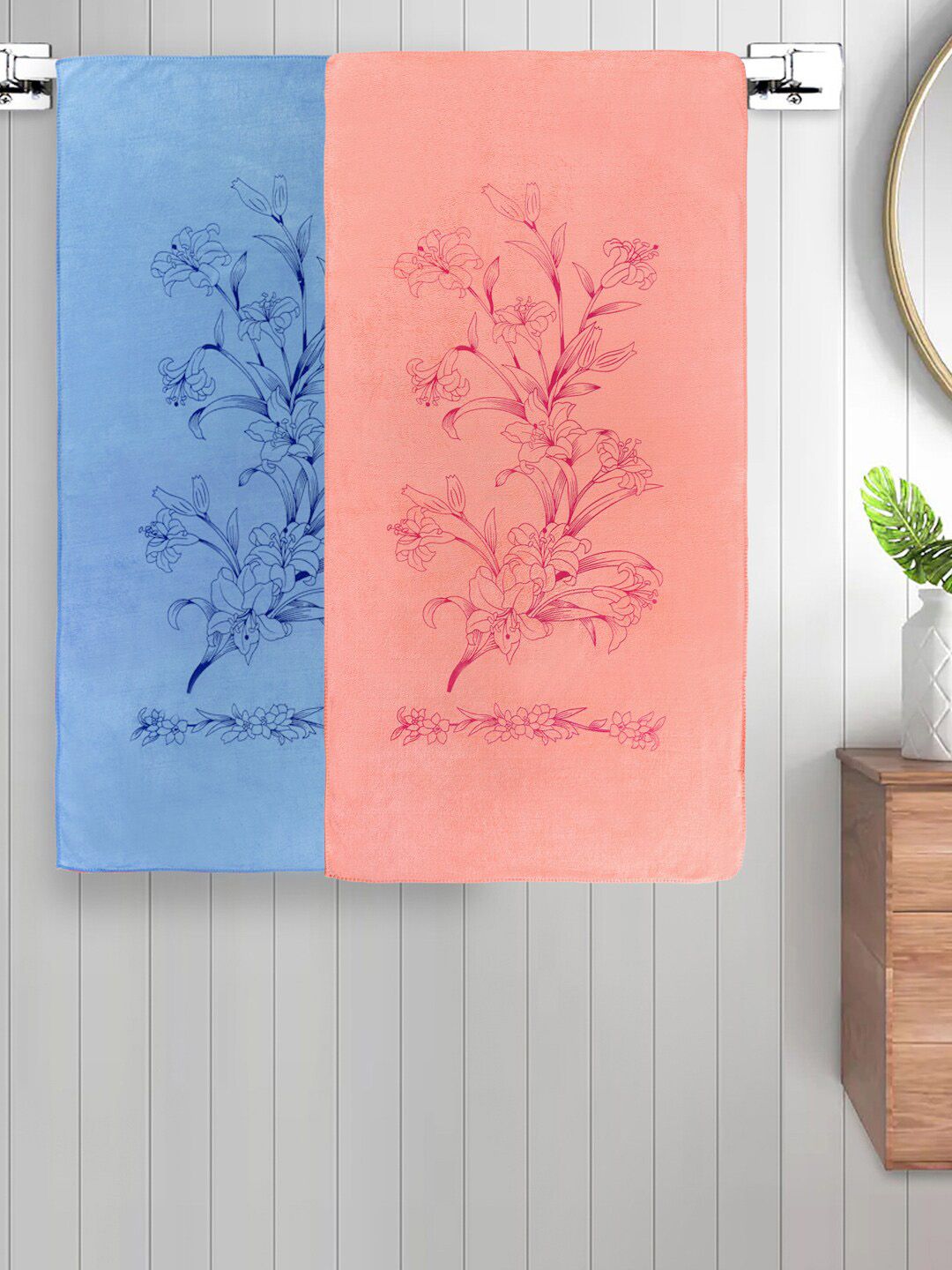 FABINALIV 2 Pieces Peach & Blue Floral Cotton 300 GSM Kids Bath Towels