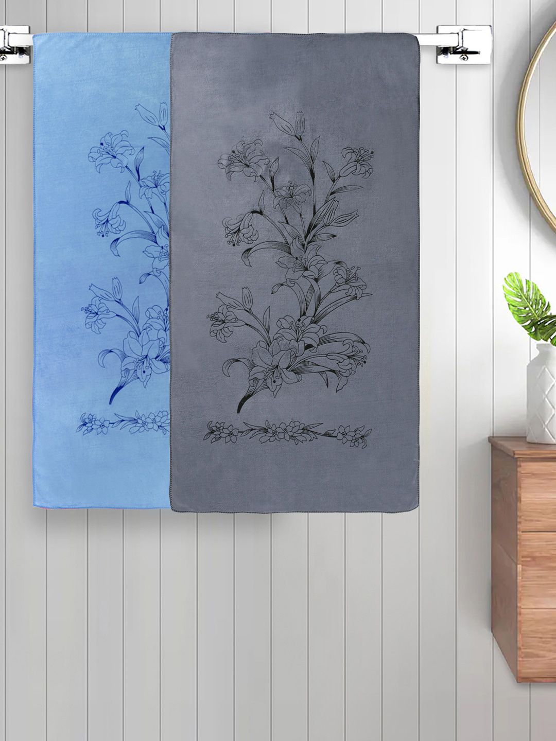 FABINALIV 2 Pieces Grey & Blue Floral Cotton 300 GSM Kids Bath Towels