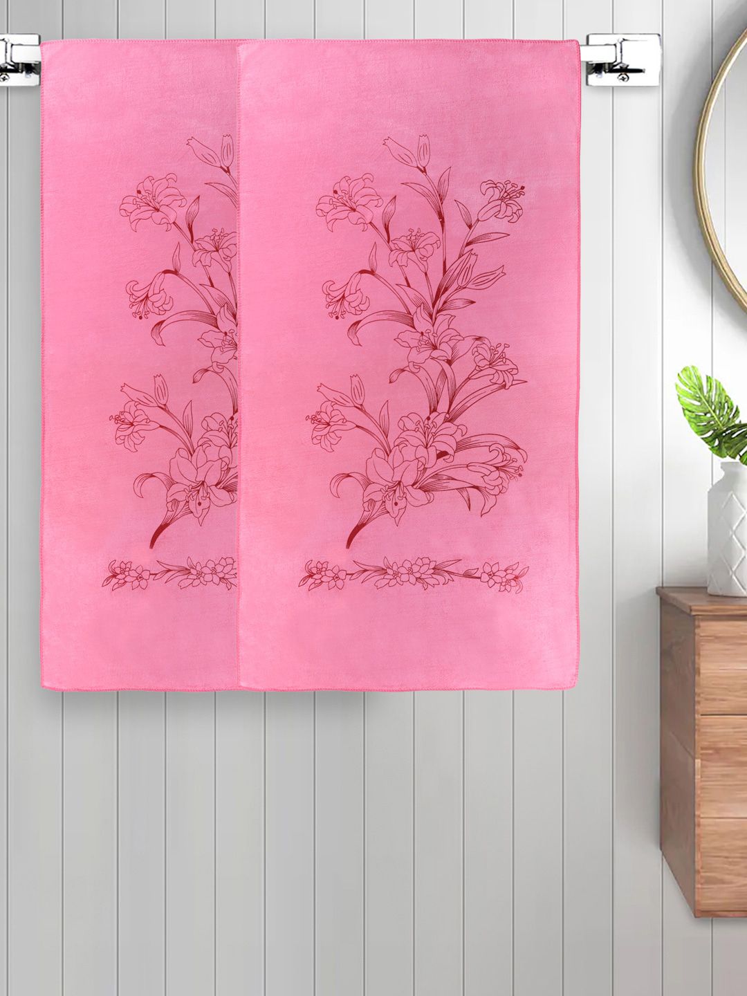 FABINALIV Pink 2 Pieces Printed Cotton 300 GSM Bath Towels