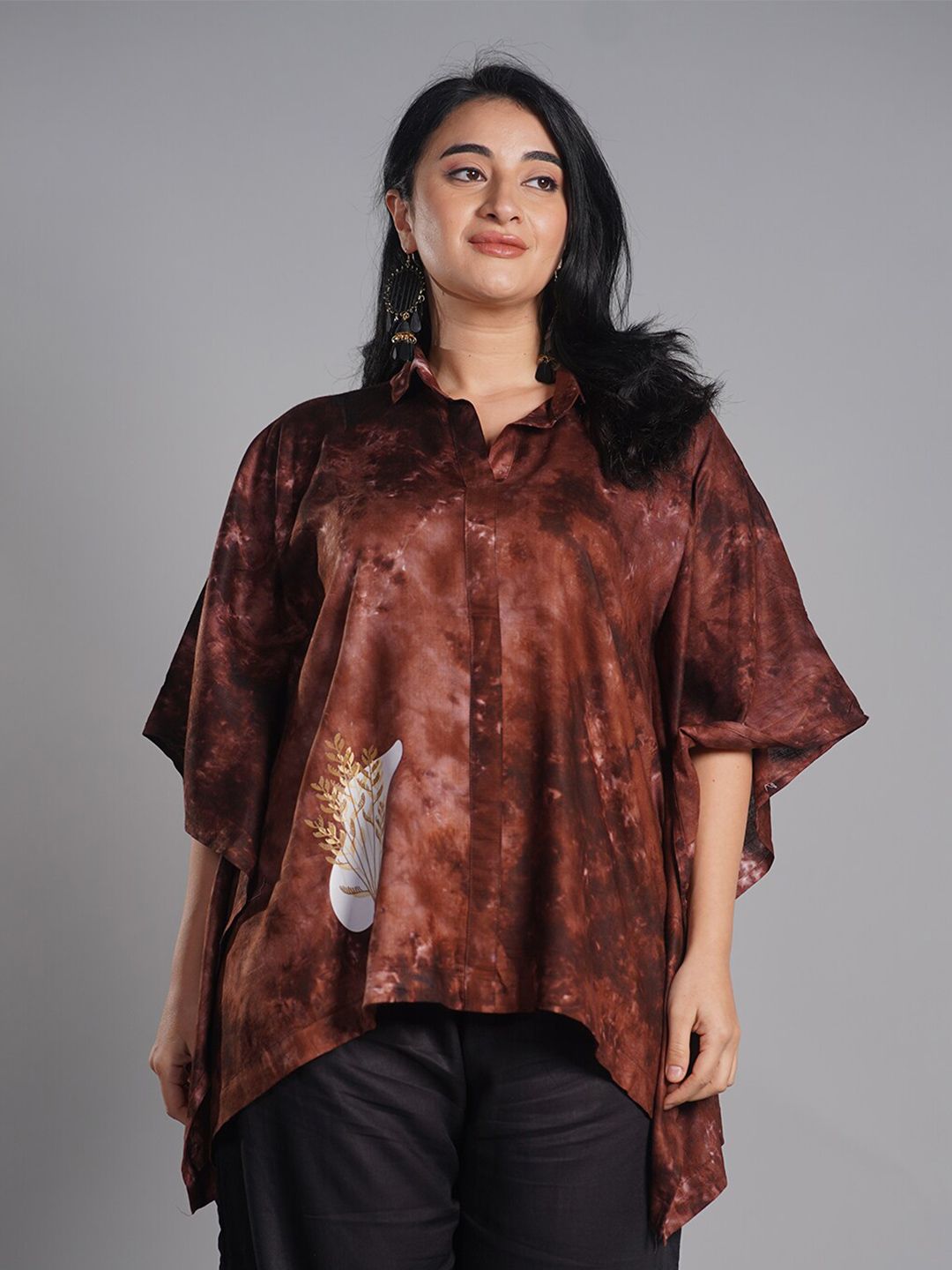 LetsDressUp Tie and Dyed Shirt Collar Kimono Sleeve Kaftan Top Price in India