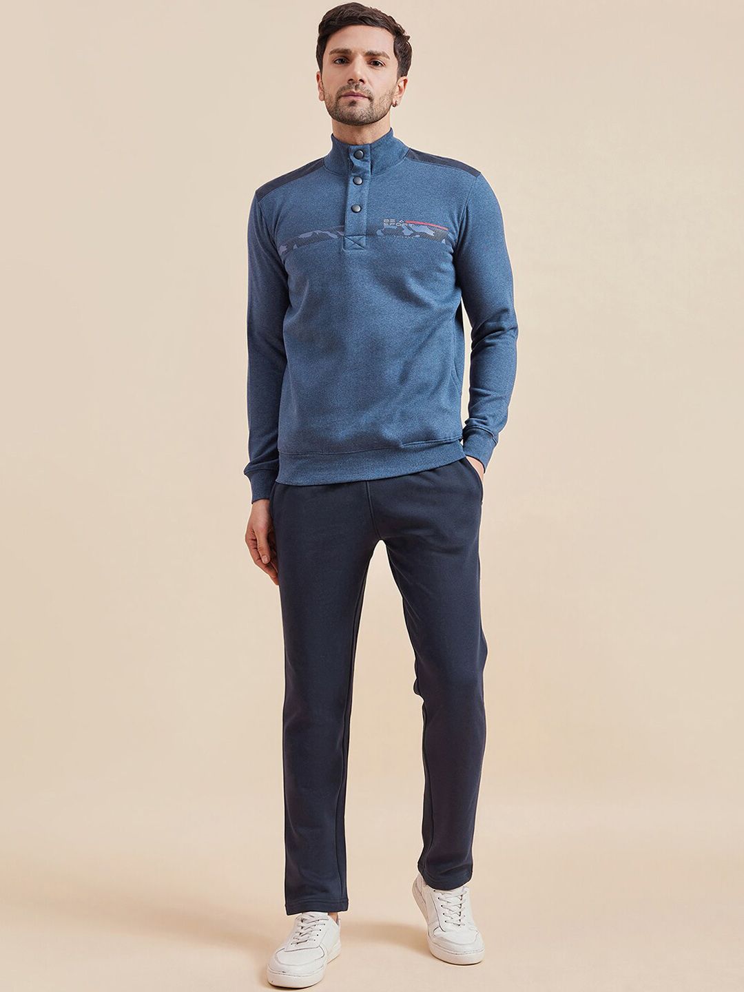 Sweet Dreams Navy Blue Printed Mock-Collar Tracksuit