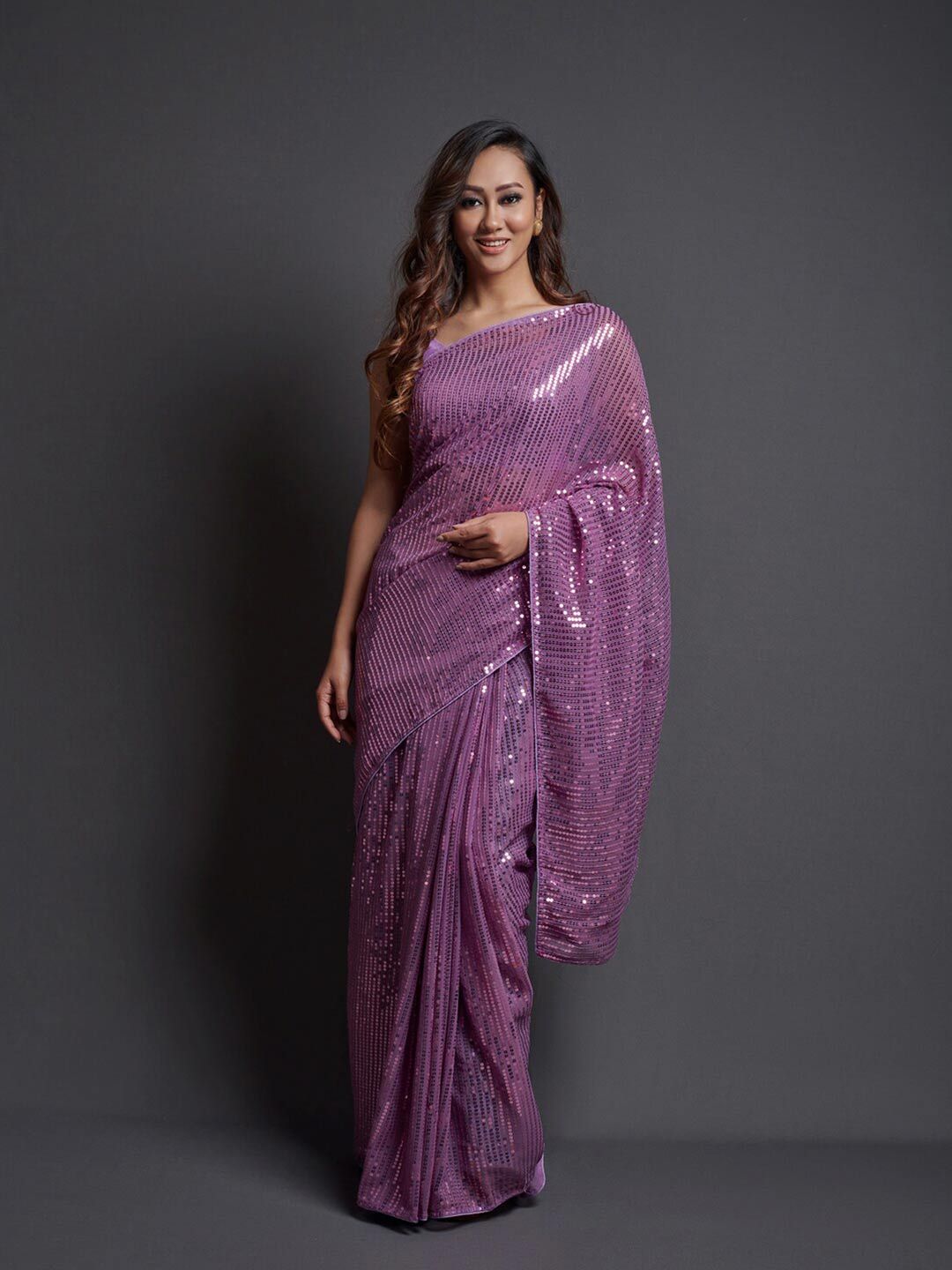 B Bella Creation Purple Embellished Sequinned Pure Georgette Heavy Work Saree