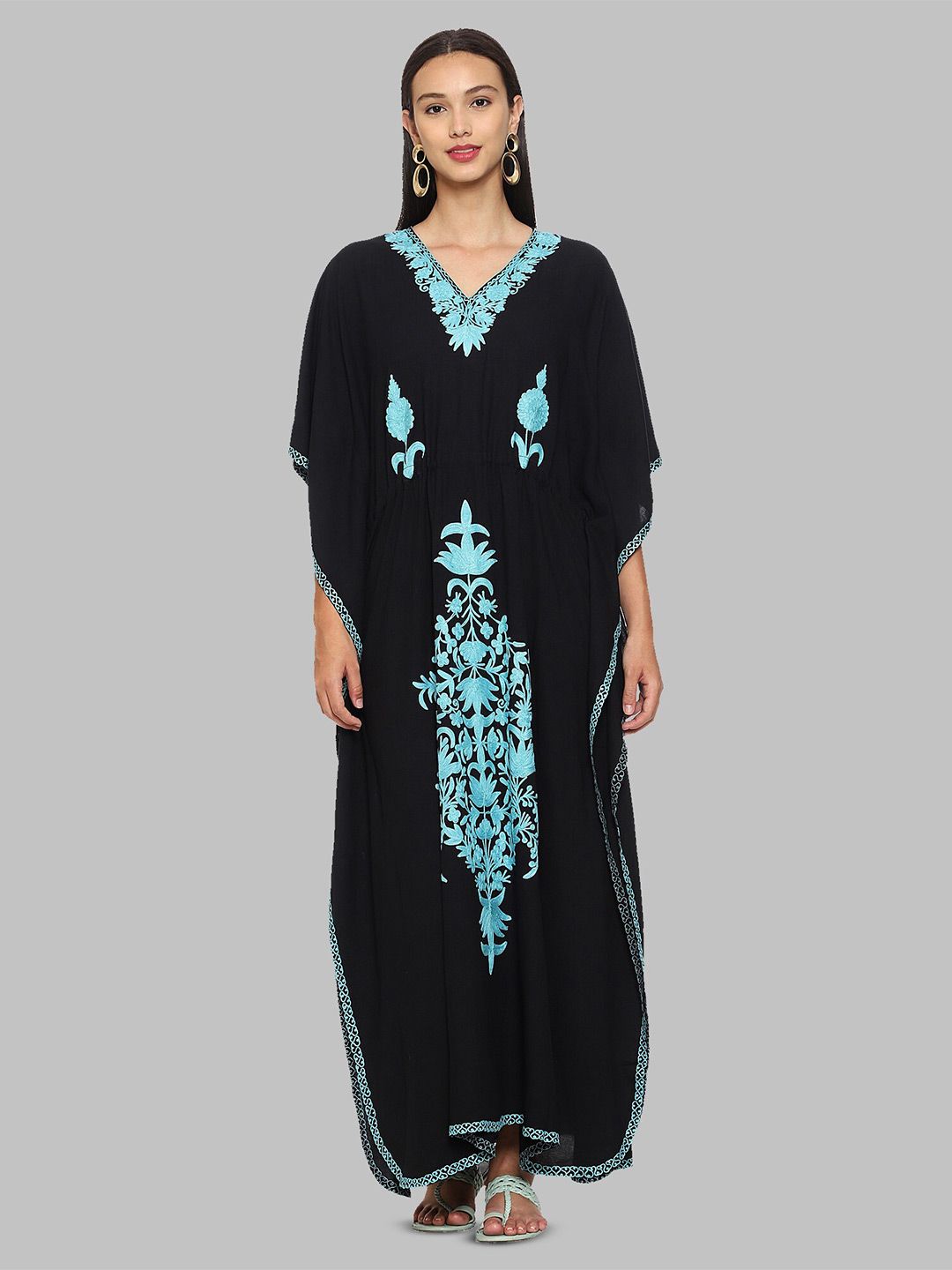 CRAFTBAZAR Black & Turquoise Blue Embroidered Cape Sleeve Kaftan Maxi Dress Price in India