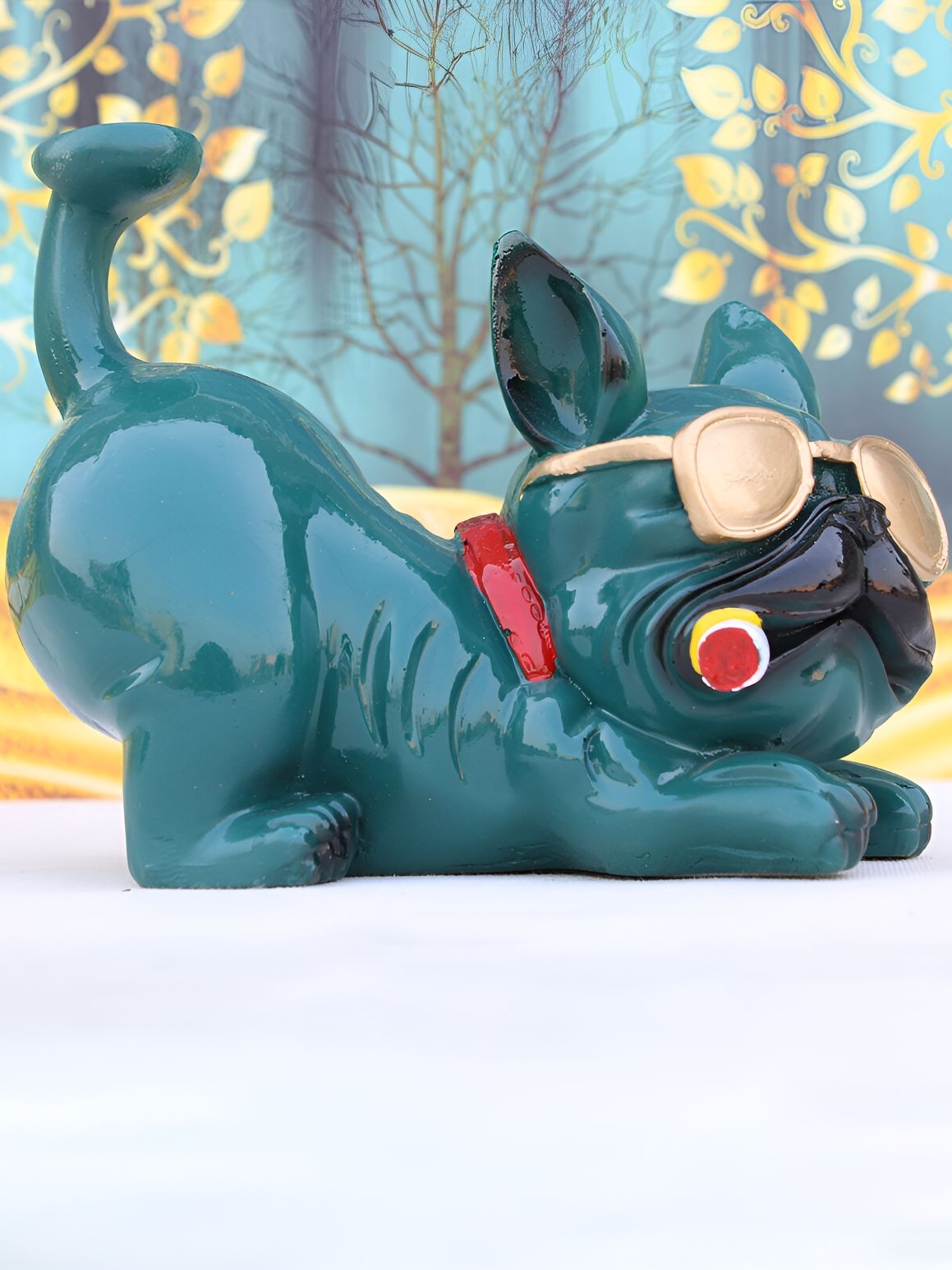 Vikarafty Cool Dog Bulldog Teal Polyresin Matte Living Room Small Showpiece - 5.3 Inches