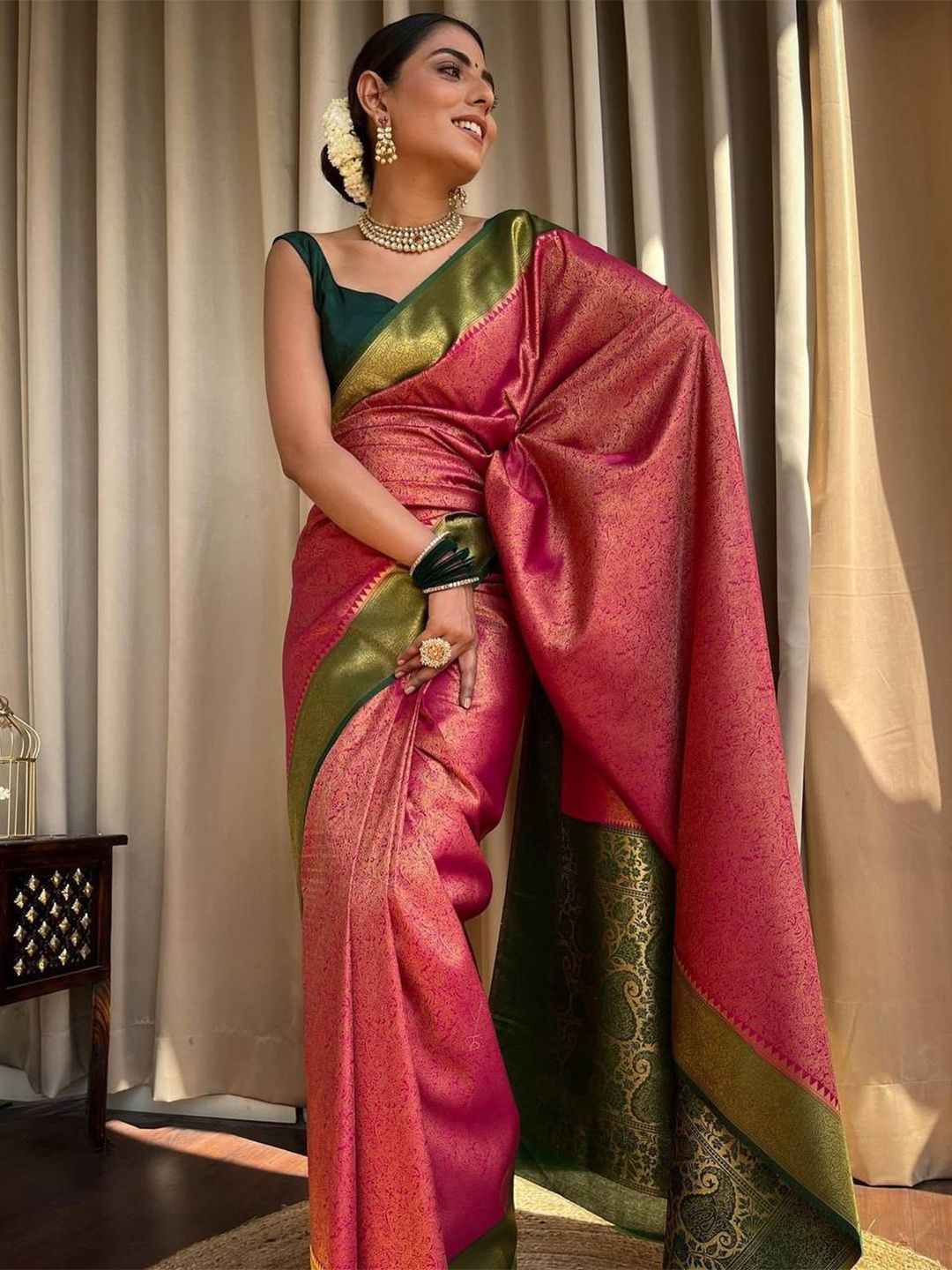 bansari textiles Pink Pure Silk Designer Banarasi Saree