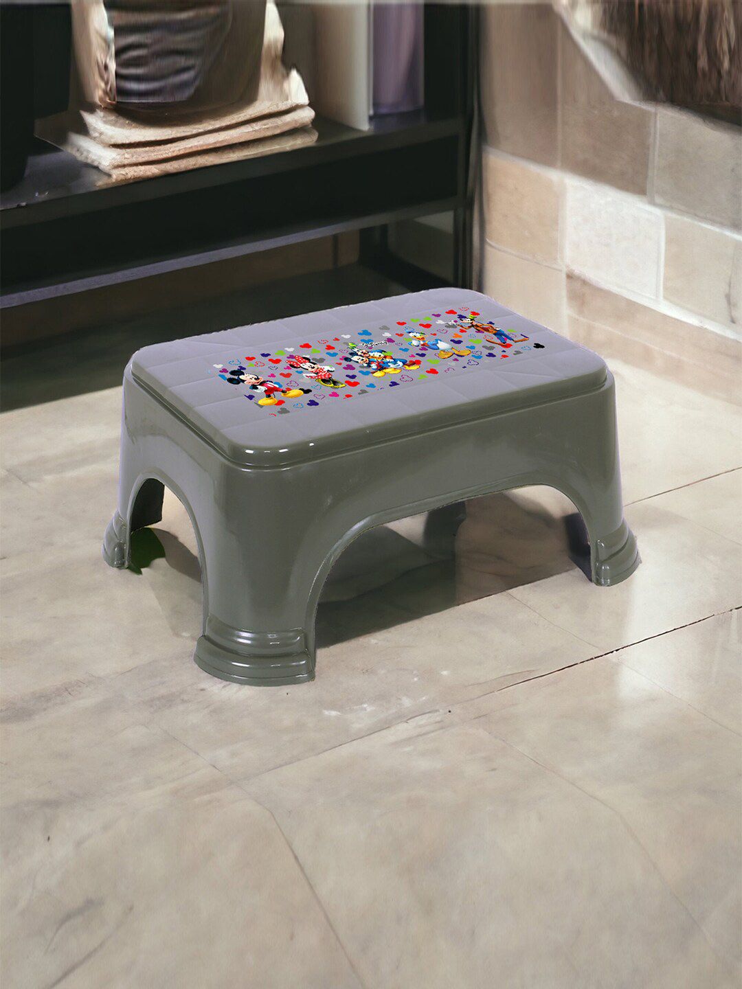 Kuber Industries Grey & Beige 3 Pieces Mickey Printed Featherweight Step Stools