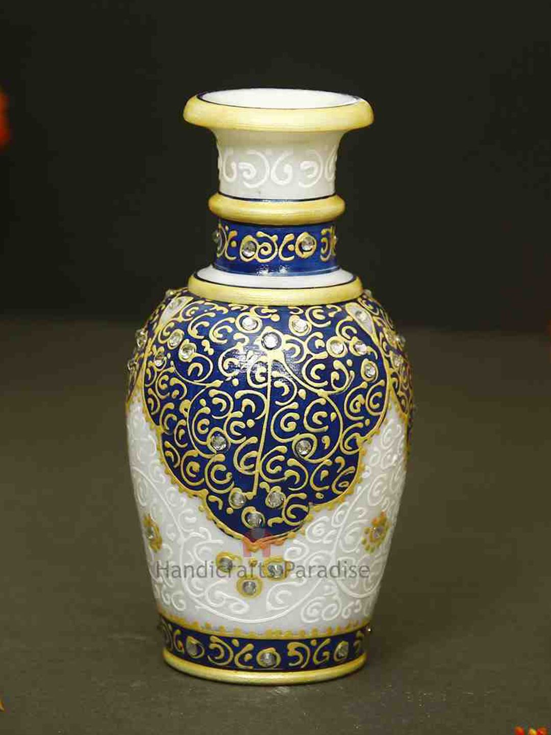 HANDICRAFTS PARADISE White & Gold Toned Marble Flower Vase Showpiece