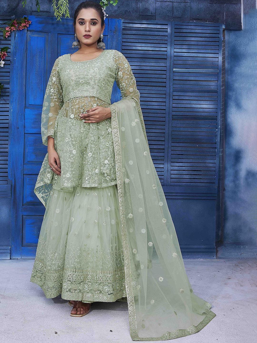 Chandbaali Women Olive Green Embroidered Angrakha Beads and Stones Kurta with Sharara & With Dupatta