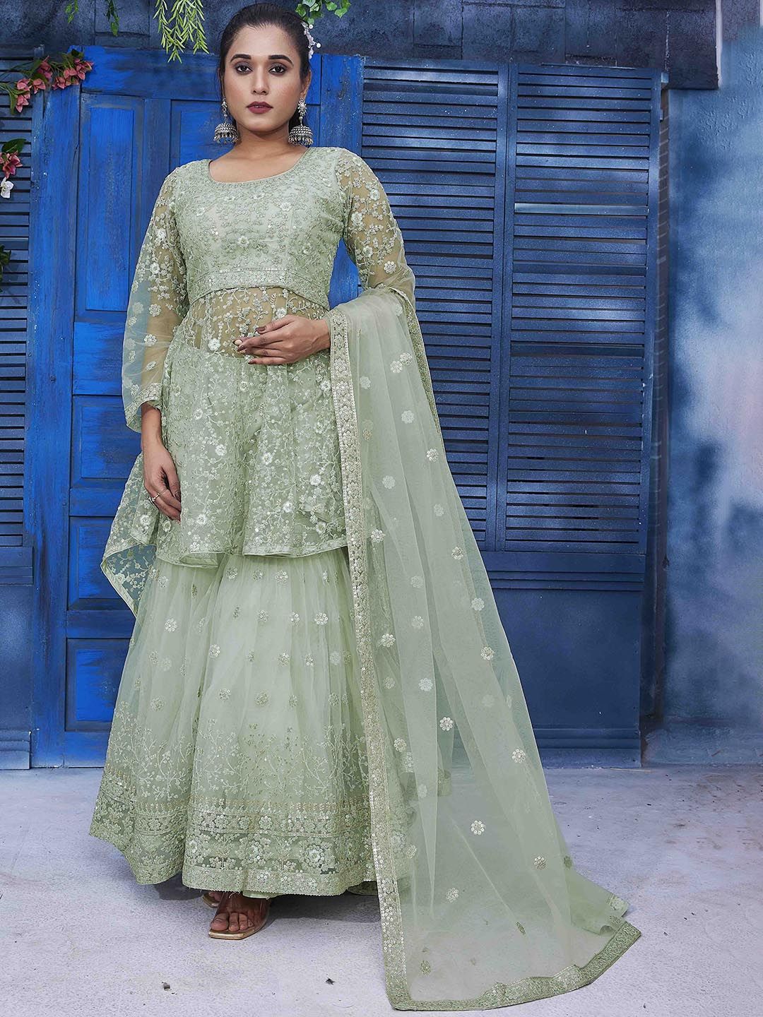 Chandbaali Women Olive Green Embroidered Angrakha Beads and Stones Kurta with Sharara & With Dupatta Price in India