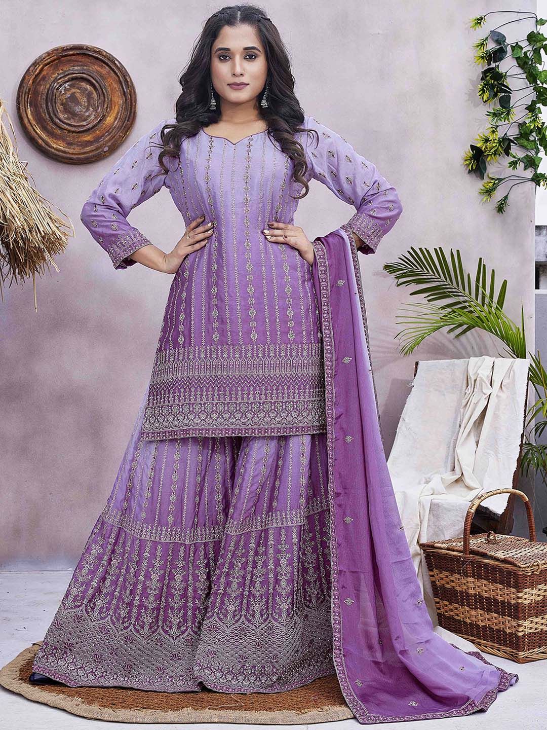 Chandbaali Women Pink Embroidered Regular Beads and Stones Pure Silk Kurta with Sharara & With Dupatta
