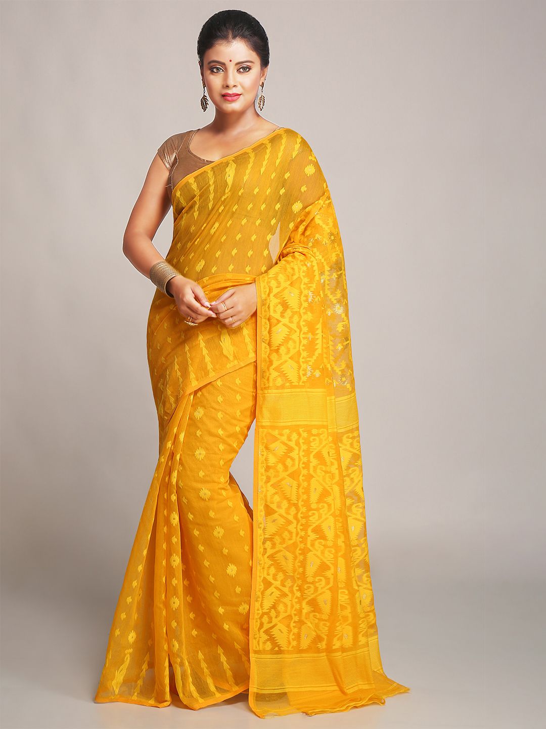 BENGAL HANDLOOM Yellow Ethnic Woven Design Cotton Silk Jamdani Saree Price in India