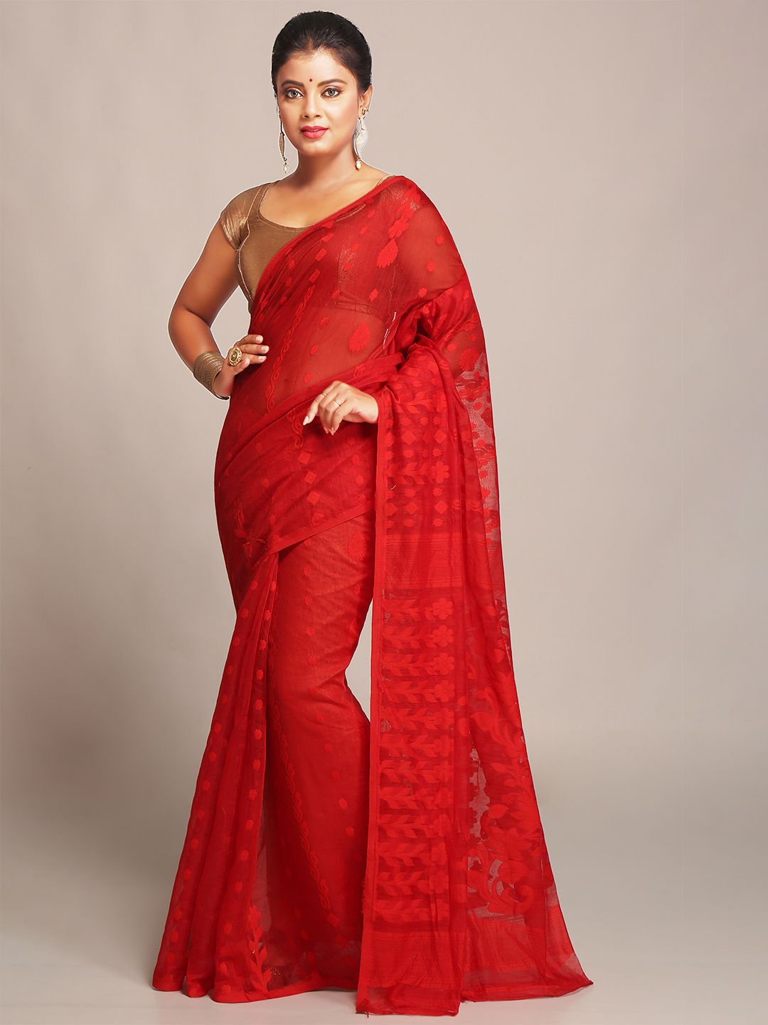 BENGAL HANDLOOM Red Ethnic Woven Design Cotton Silk Jamdani Saree Price in India