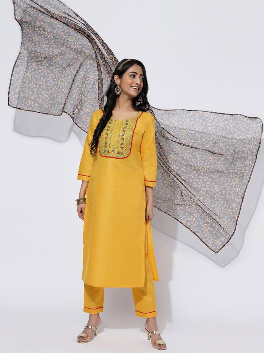 Twika Women Yellow Embroidered Regular Kurti with Trousers & With Dupatta Price in India