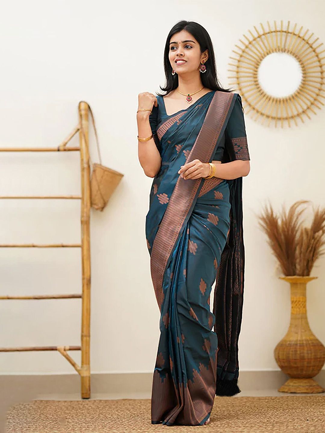 Aldwych Teal Woven Design Silk Blend Designer Banarasi Saree Price in India