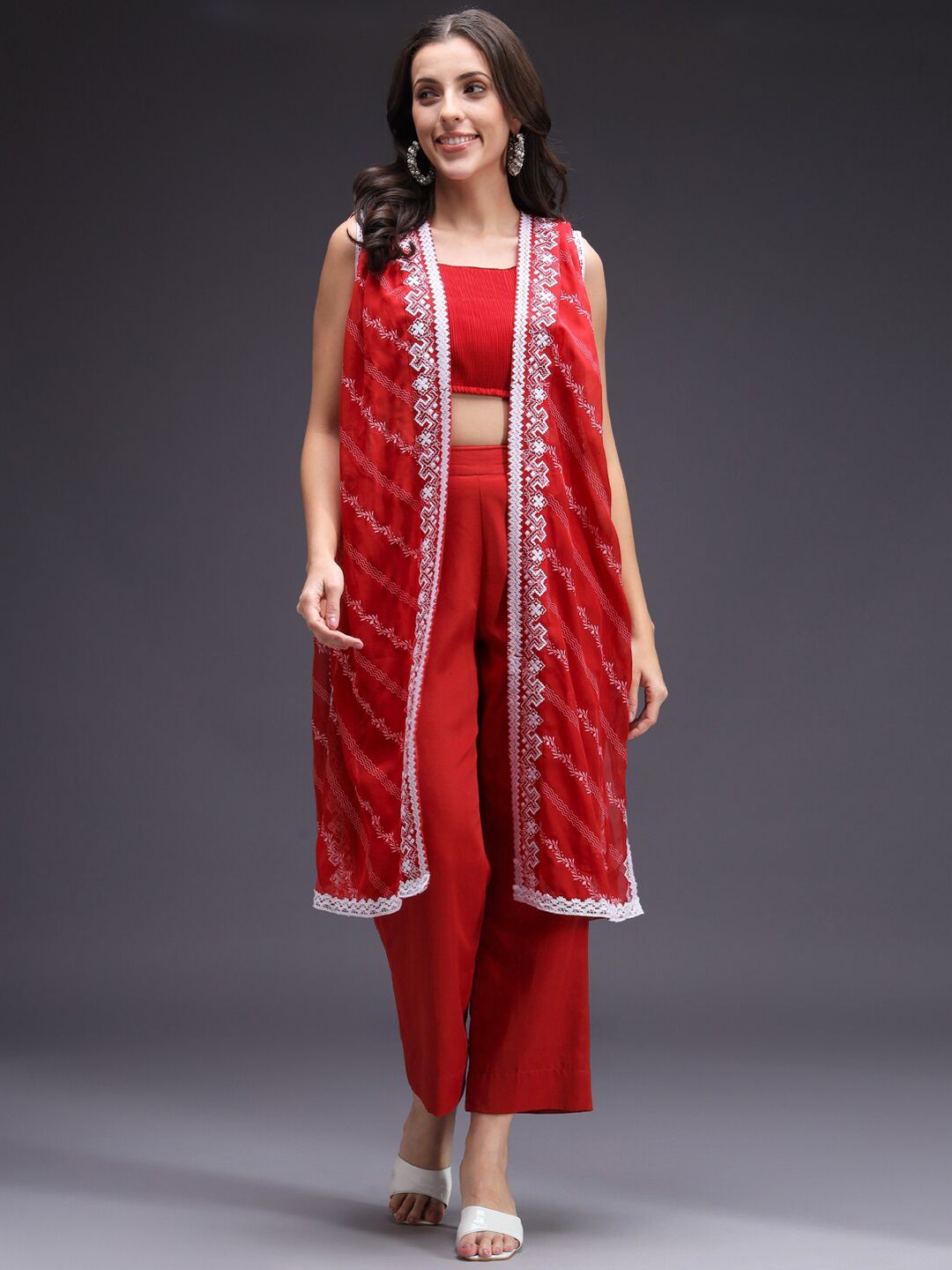 HEEPOSH Women Red Embroidered Pleated Thread Work Top with Palazzos
