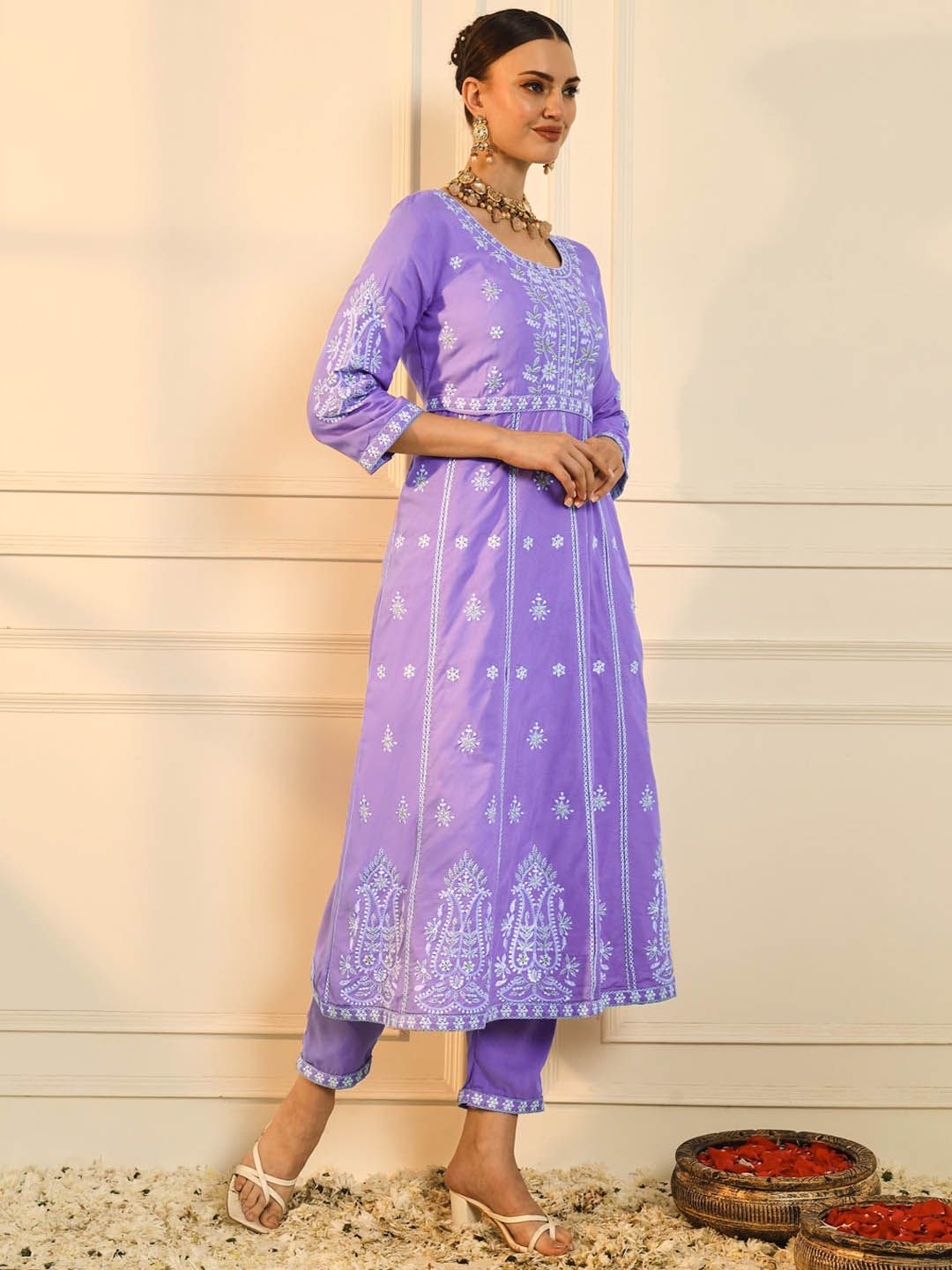 HEEPOSH Women Purple Ethnic Motifs Embroidered Empire Chikankari Kurta with Trousers & With Dupatta
