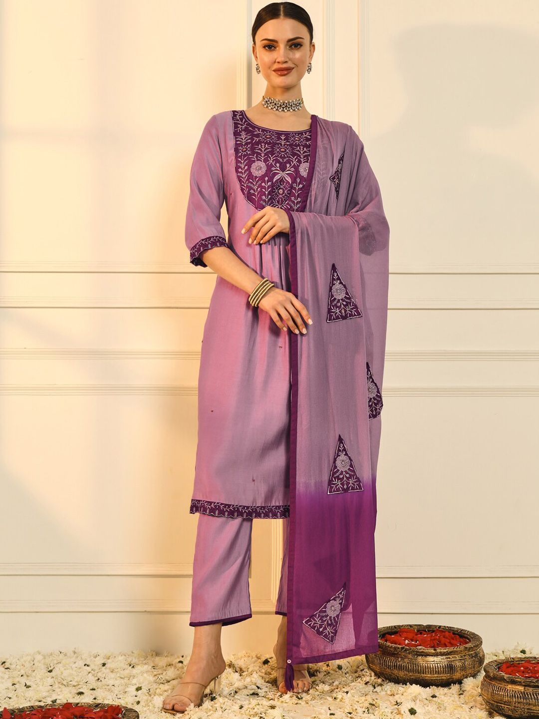 HEEPOSH Women Purple Ethnic Motifs Embroidered Regular Thread Work Kurta with Trousers & With Dupatta Price in India