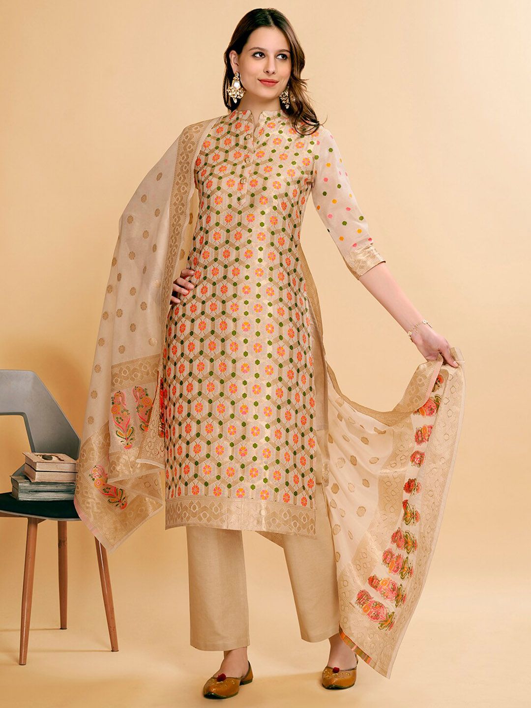 Anouk Women Cream-Coloured Ethnic Motifs Regular Chanderi Silk Kurta with Trousers & With Dupatta Price in India