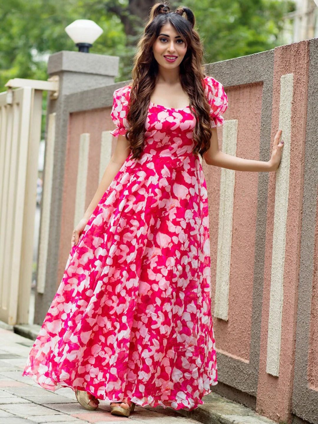 BAESD Floral Print Puff Sleeve Georgette Maxi Dress Price in India