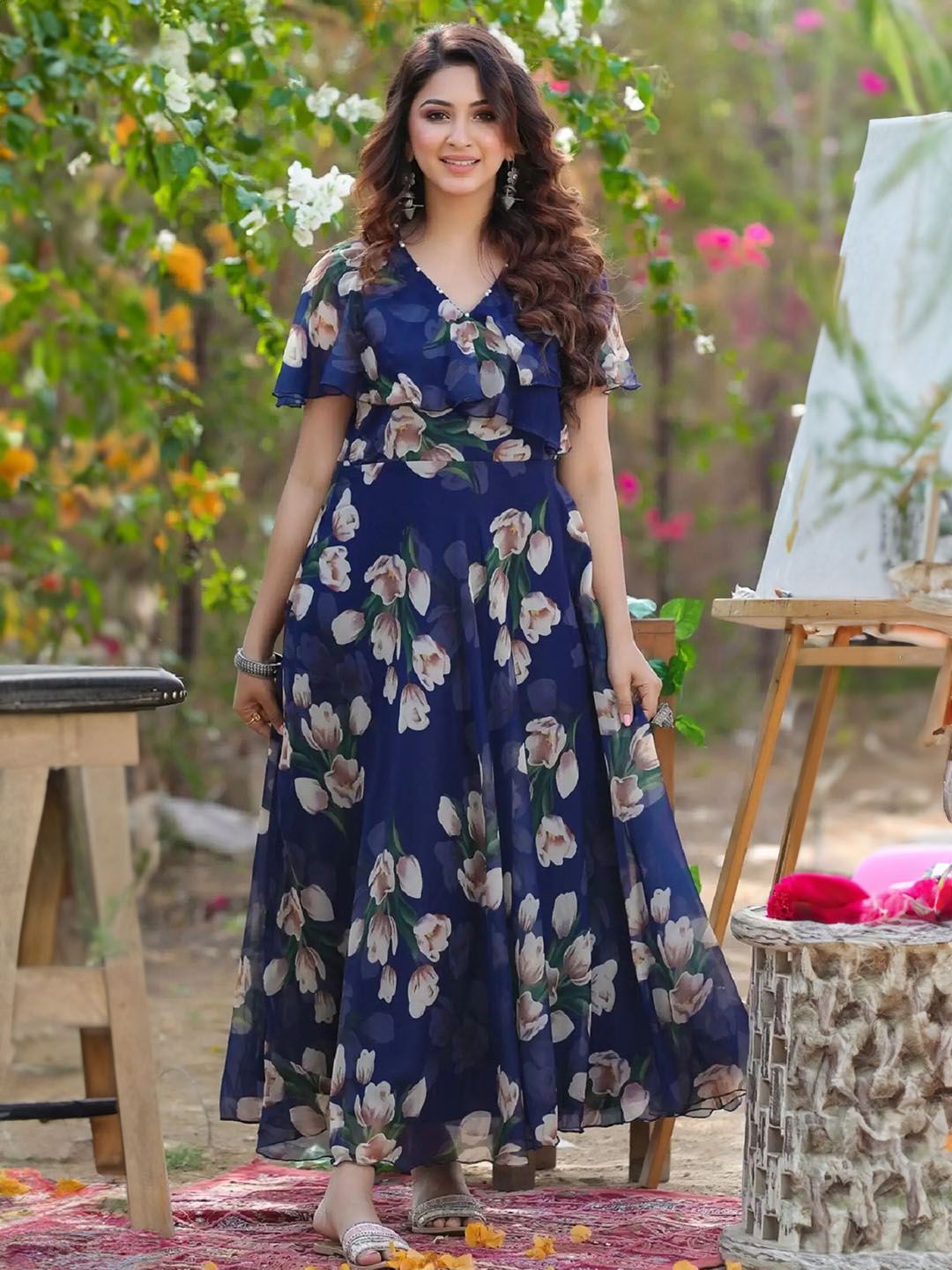 BAESD Floral Print V-Neck Georgette Maxi Dress Price in India
