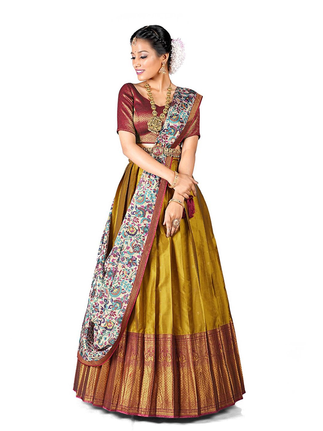 HALFSAREE STUDIO Yellow & Semi-Stitched Lehenga & Unstitched Blouse With Dupatta