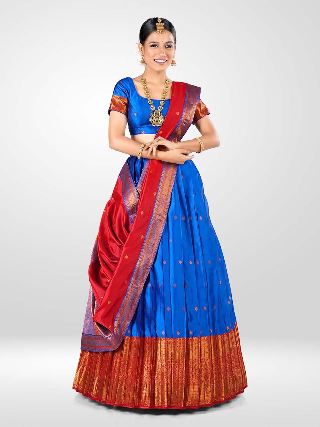 HALFSAREE STUDIO Blue & Semi-Stitched Lehenga & Unstitched Blouse With Dupatta