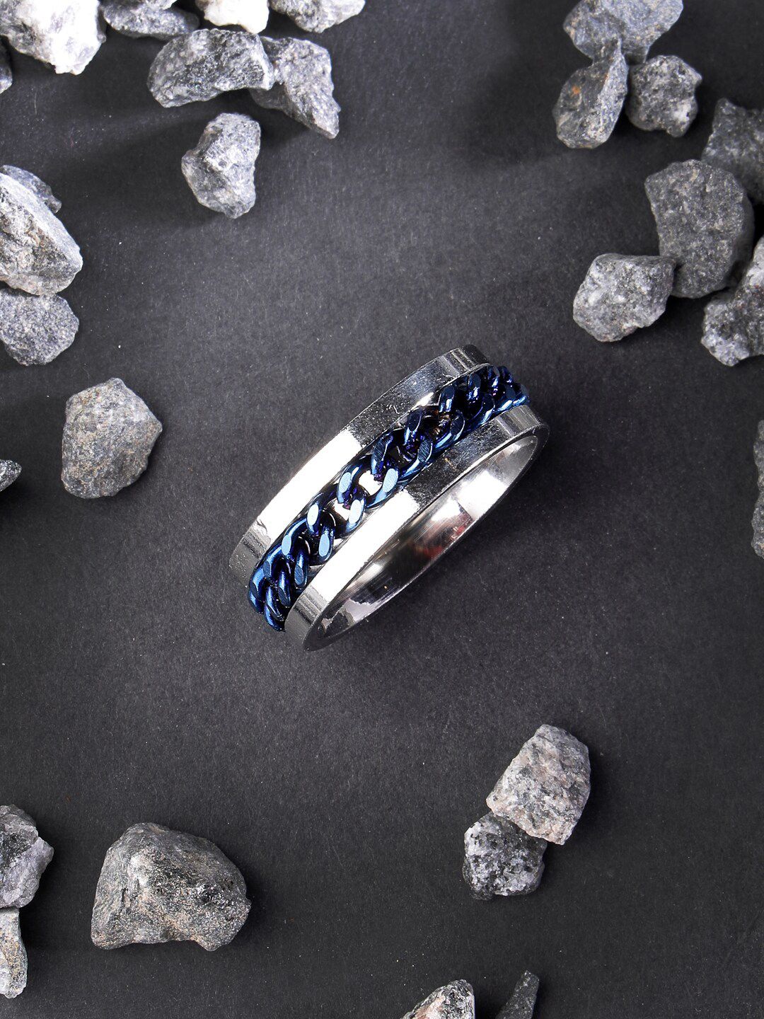 NVR Men Rhodium-Plated Moving Chain Finger Ring