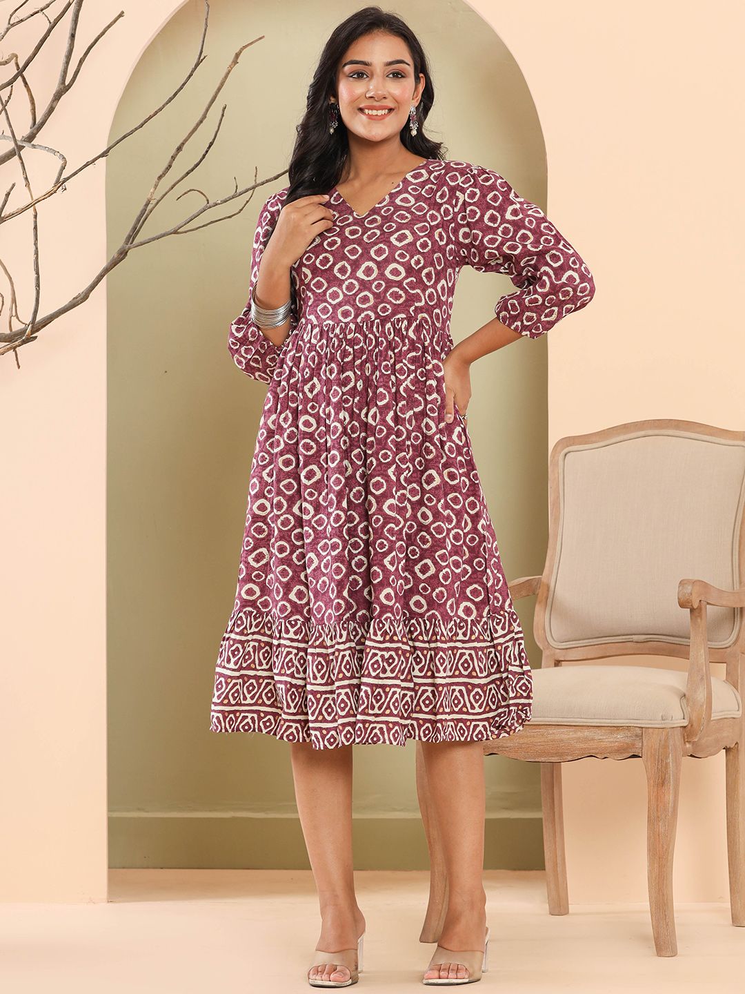 Haute and Humble Puff Sleeve A-Line Midi Dress Price in India