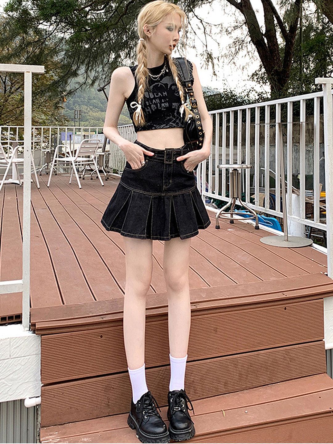 Buy LULU & SKY Pleated Denim A-Line Mini Skirt With Buckle Belt