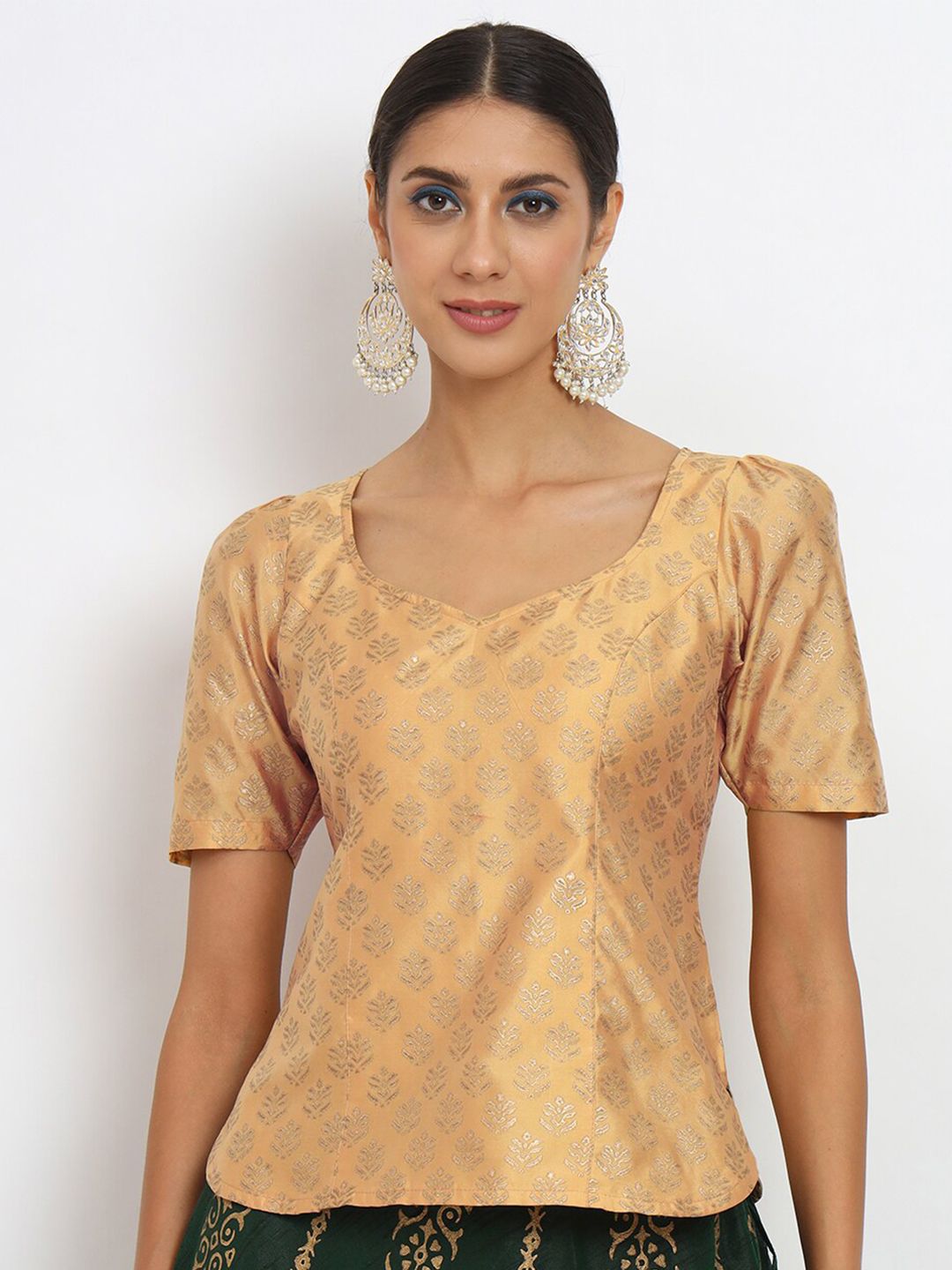 studio rasa Beige & Gold-Toned Floral Print Sweetheart Neck Puff Sleeve Ethnic Top