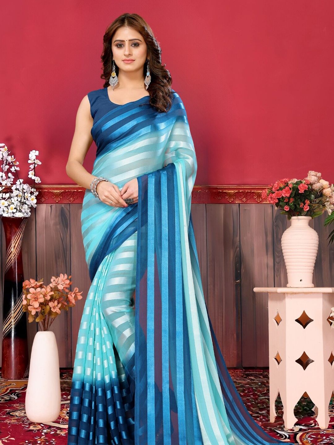 MAGMINA Turquoise Blue & Blue Leheriya Satin Banarasi Saree