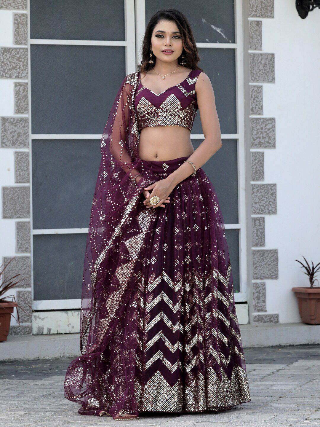 TIKODI Purple Embroidered Sequinned Semi-Stitched Lehenga & Unstitched Blouse With Dupatta