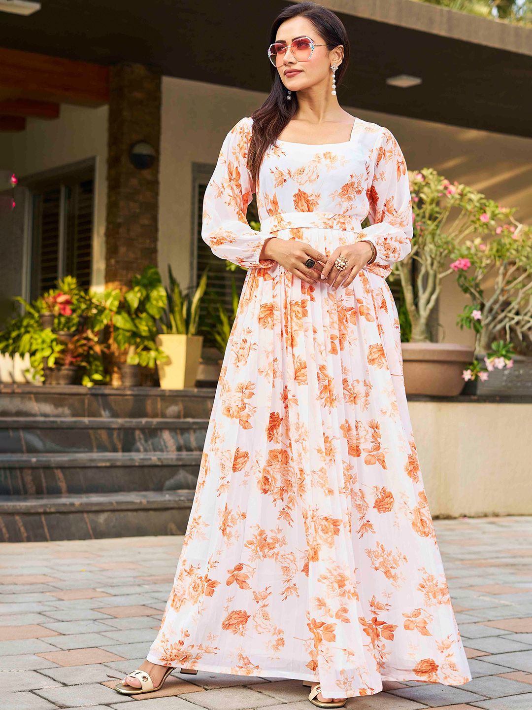 Chandbaali Floral Printed Georgette Maxi Fit and Flare Dress Price in India