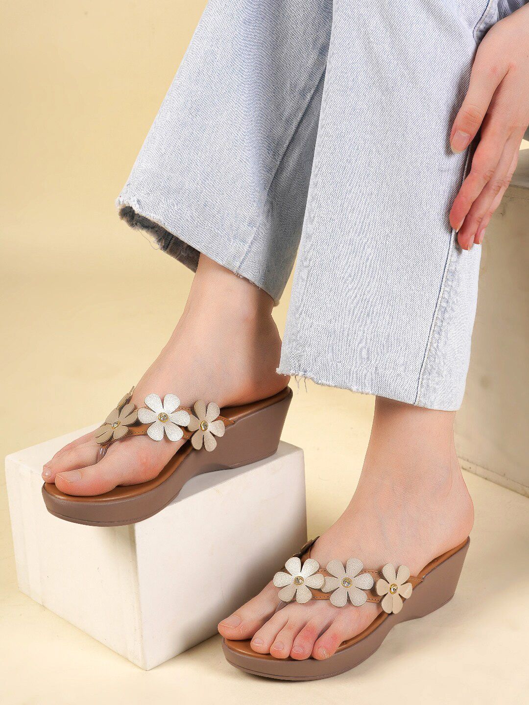 DressBerry Beige Embellished Open Toe Wedge Heels