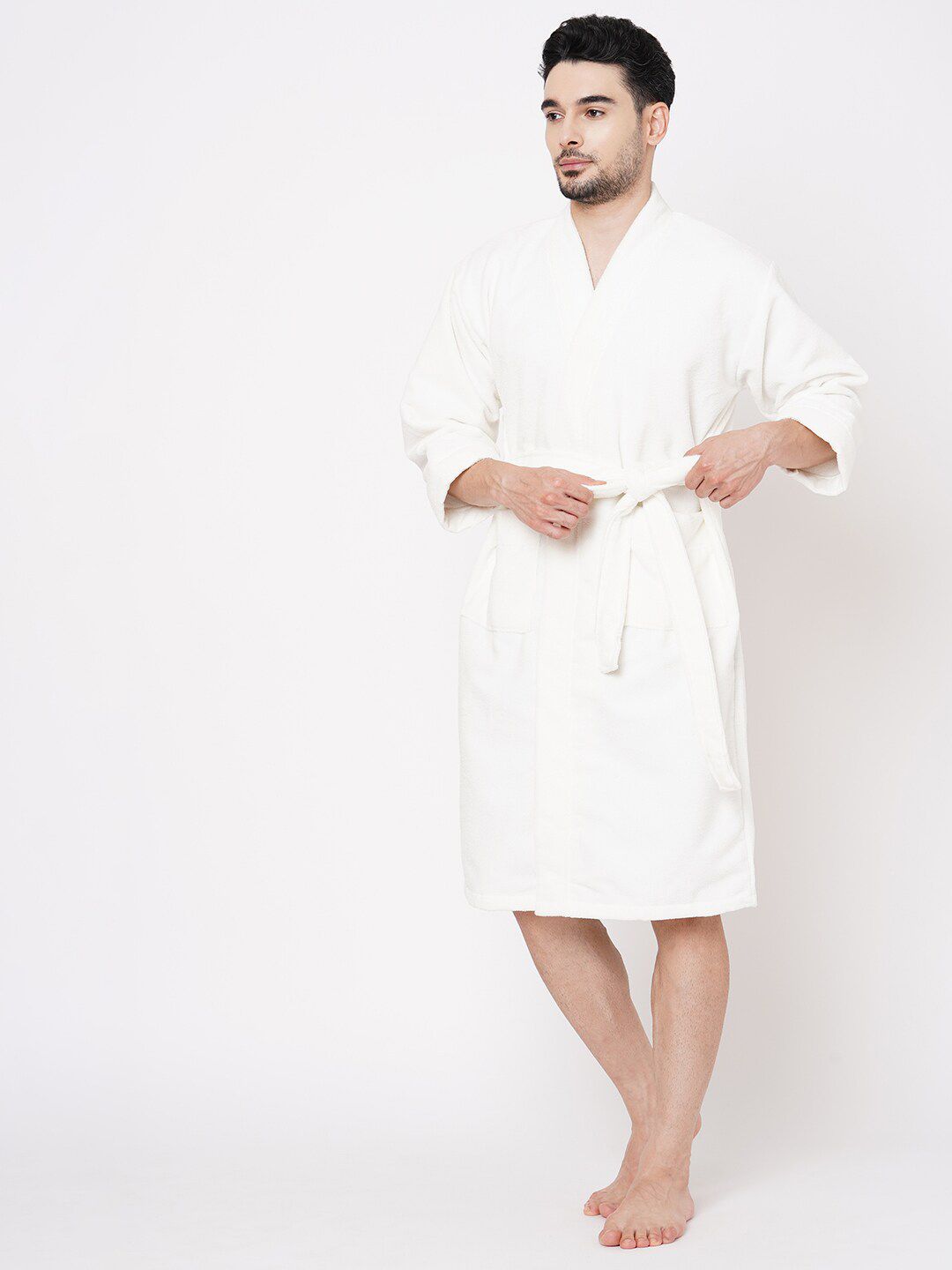 Welspun Dew Mens White Pure Cotton Bath Robe
