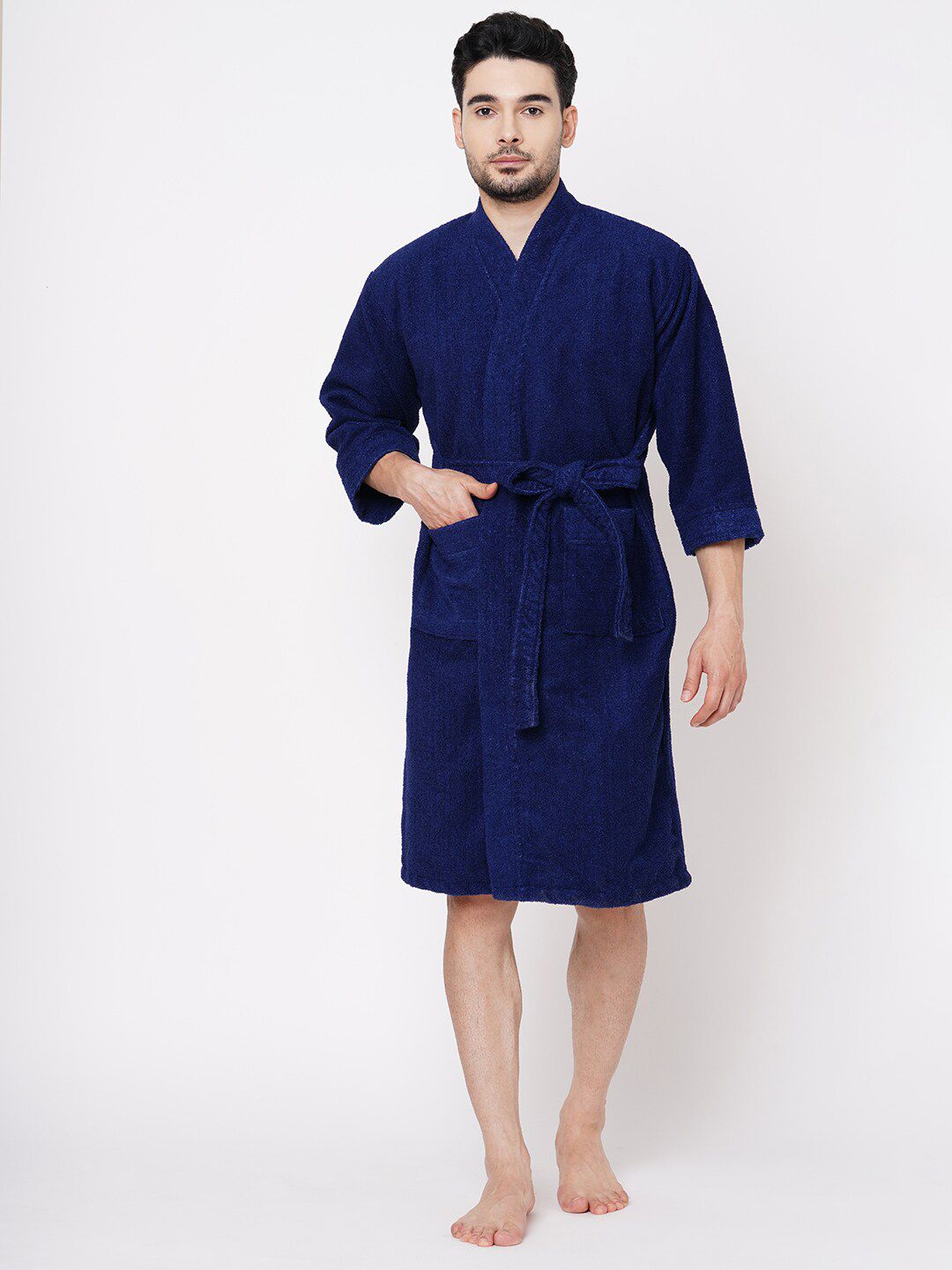 Welspun Navy Blue Pure Cotton Bath Robe