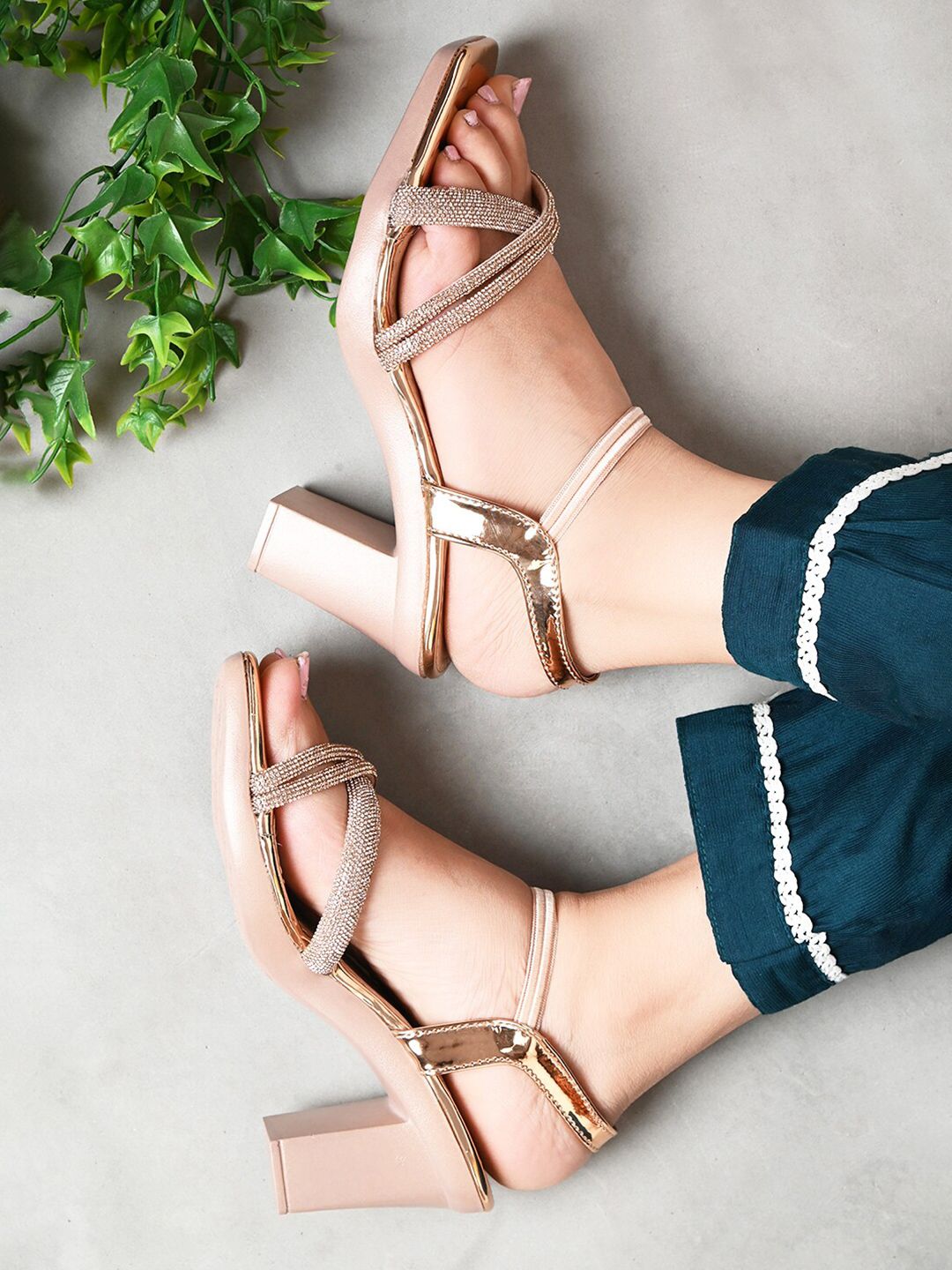 XE Looks Embellished Open Toe Block Heels