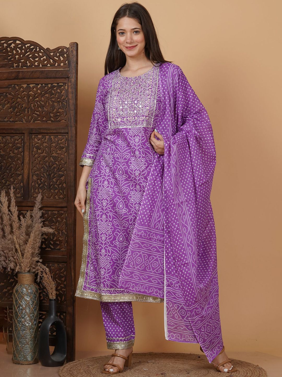 MEERA FAB Women Purple Floral Embroidered Regular Gotta Patti Pure Cotton Kurta with Palazzos & With Dupatta Price in India