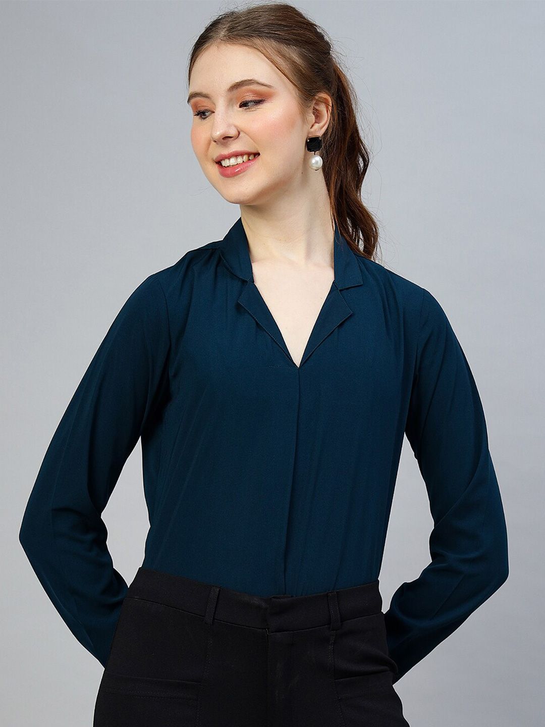 FITHUB Turquoise Blue Roll-Up Sleeves Shirt Style Top Price in India