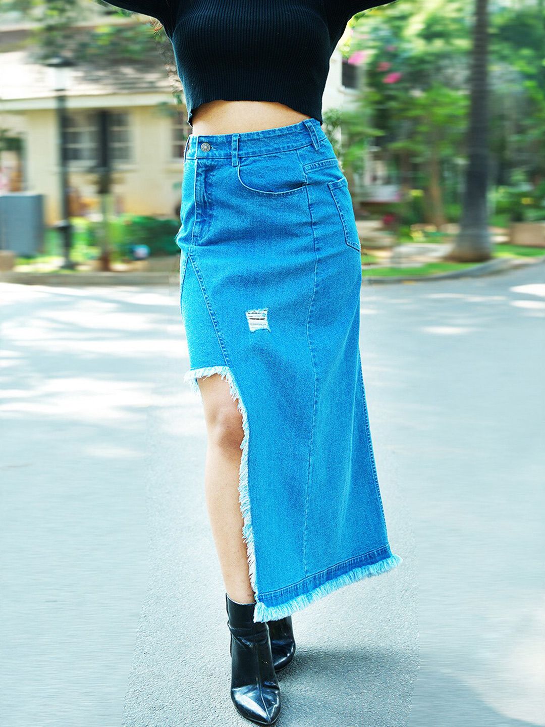 IZF Cut-Out Denim Midi Pure Cotton Skirt