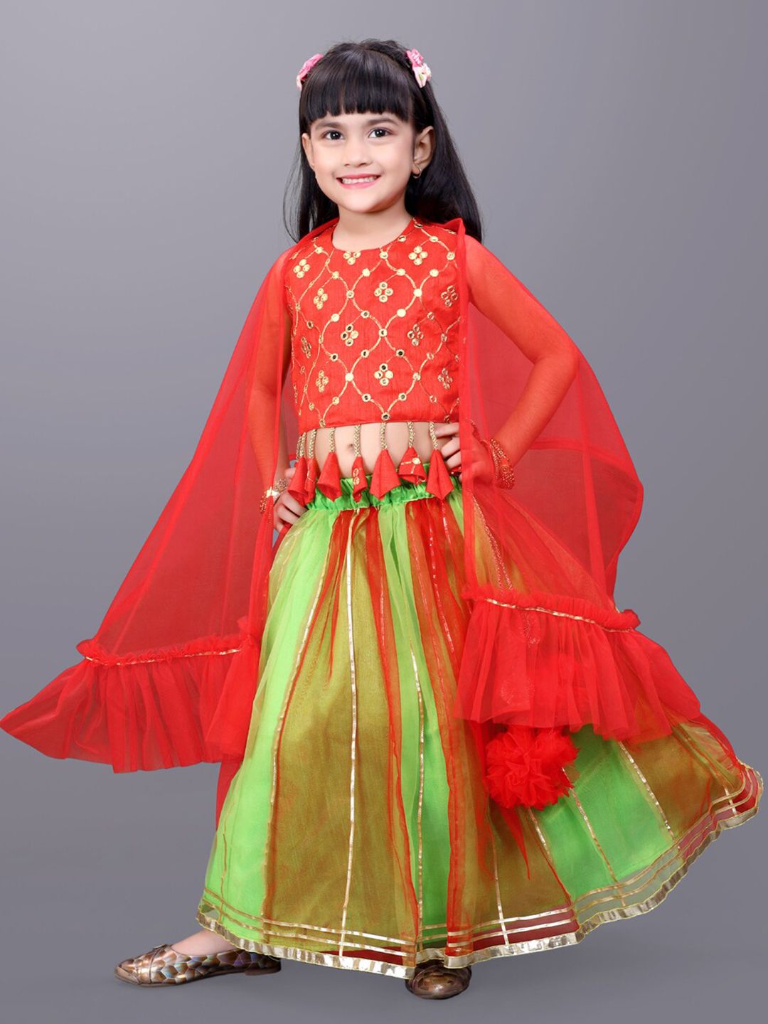 BAESD Girls Green & Red Embroidered Mirror Work Ready to Wear Lehenga & Blouse With Dupatta Price in India