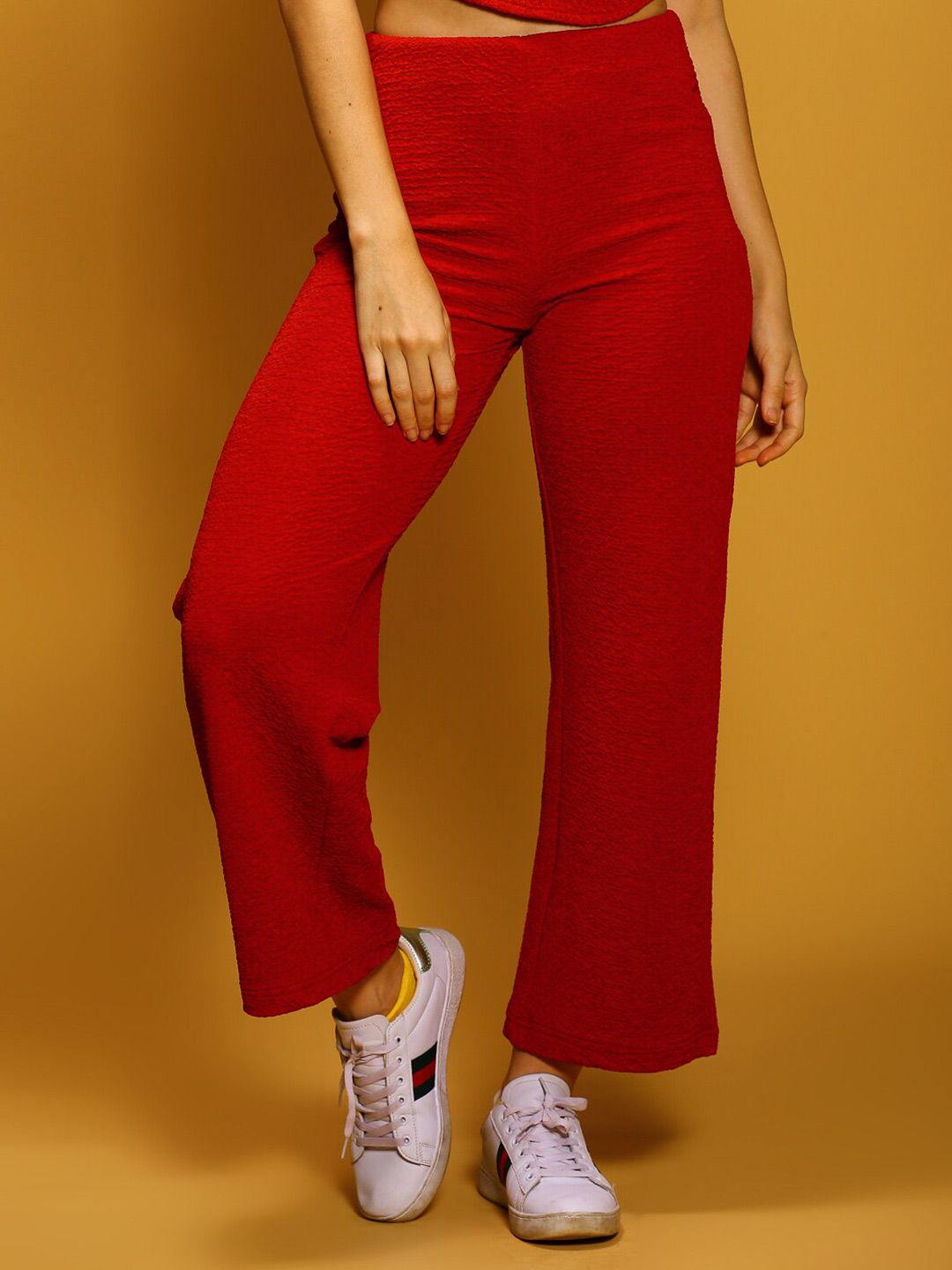 Sera Women Red Relaxed Straight Leg Straight Fit High-Rise Easy Wash Trousers Price in India