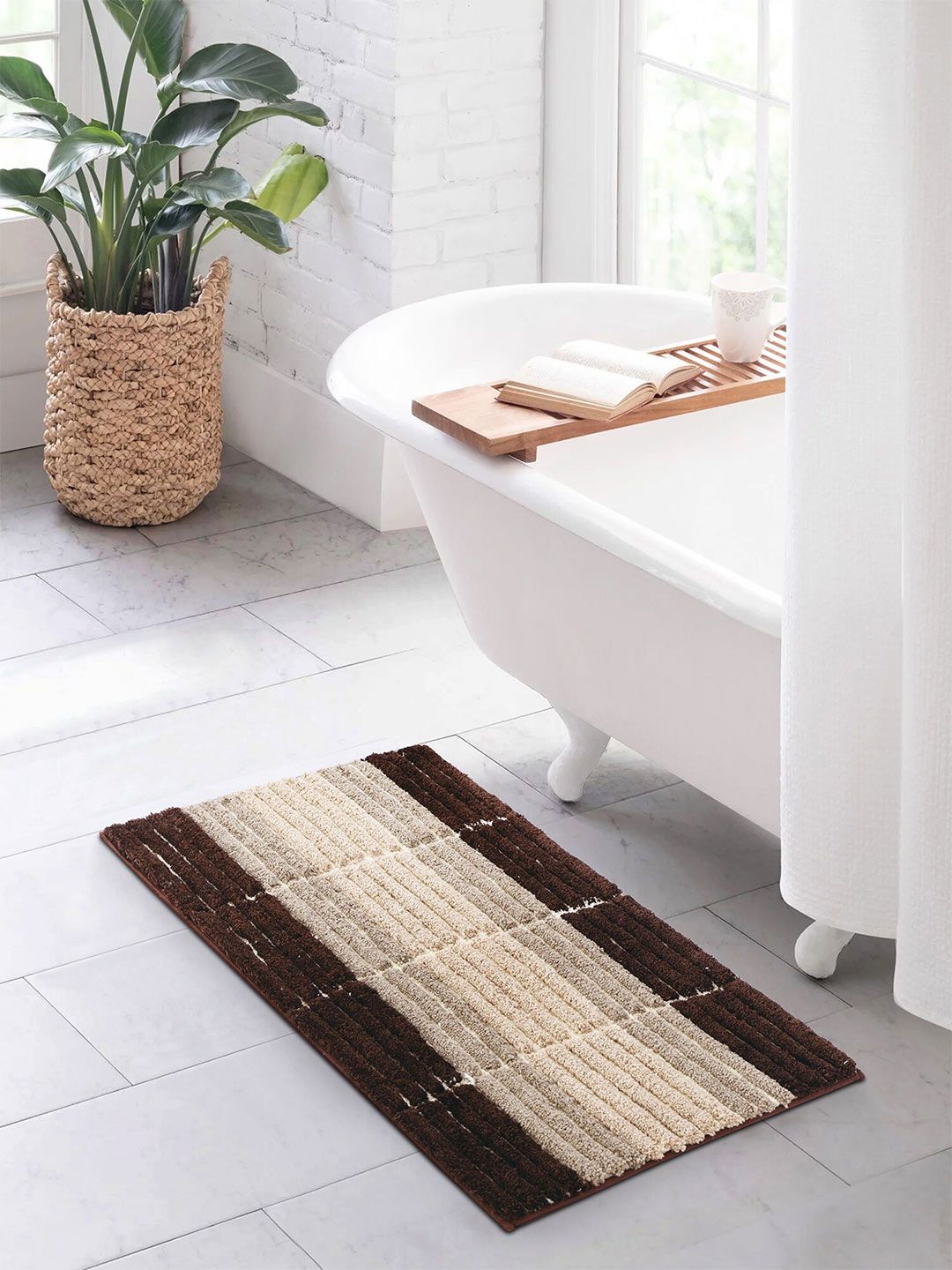 OBSESSIONS Brown & Beige Printed 2000 GSM Anti Skid Bath Rug