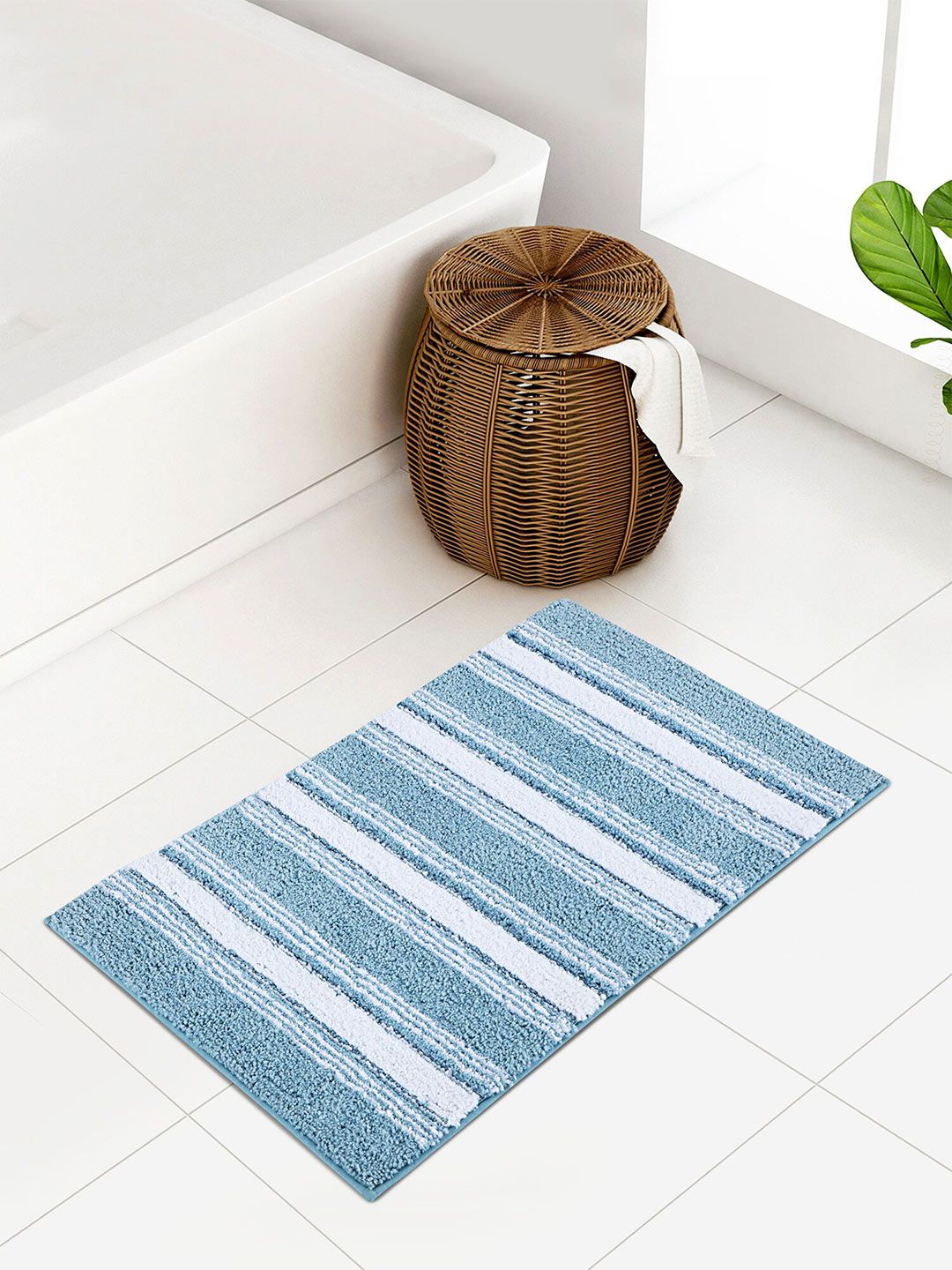 OBSESSIONS Blue & White Striped 2000 GSM Anti Skid Bath Rug