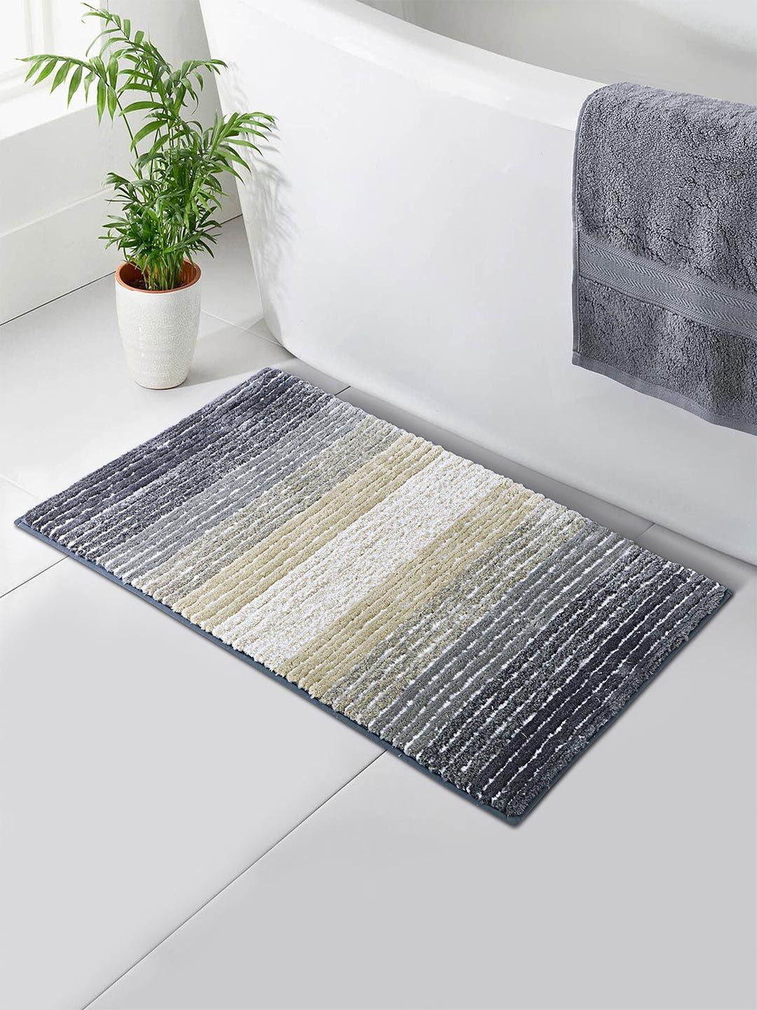 OBSESSIONS Grey & Beige Striped 2000 GSM Anti Skid Bath Rug
