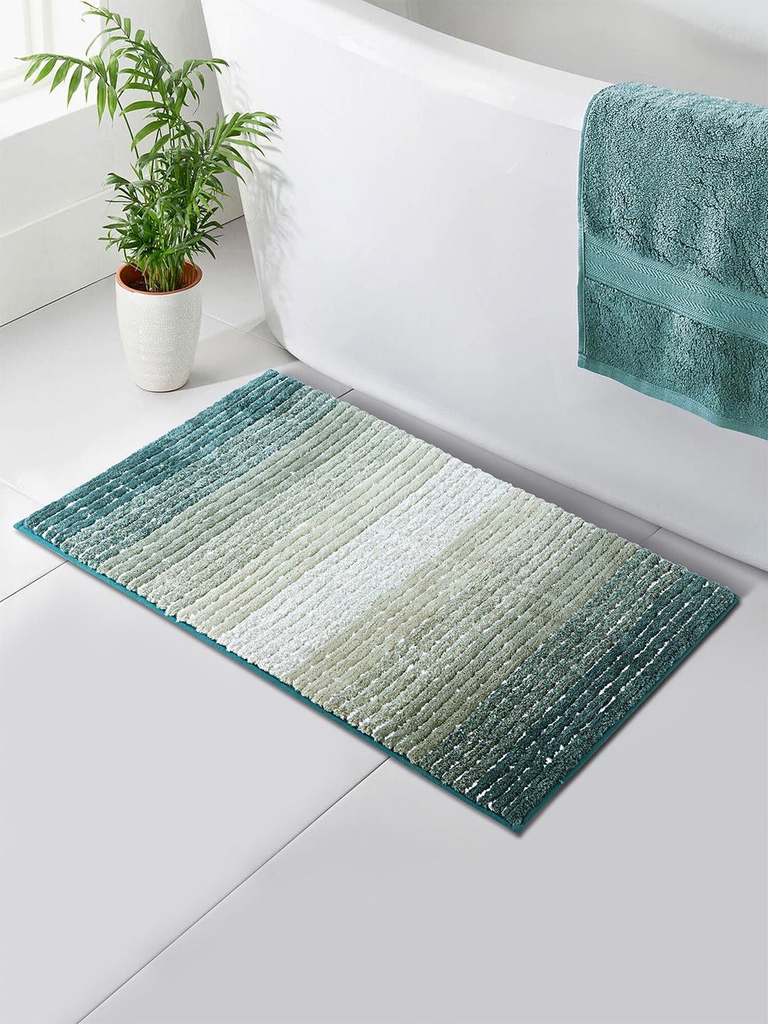 OBSESSIONS Green & White Printed 2000 GSM Anti Skid Bath Rug